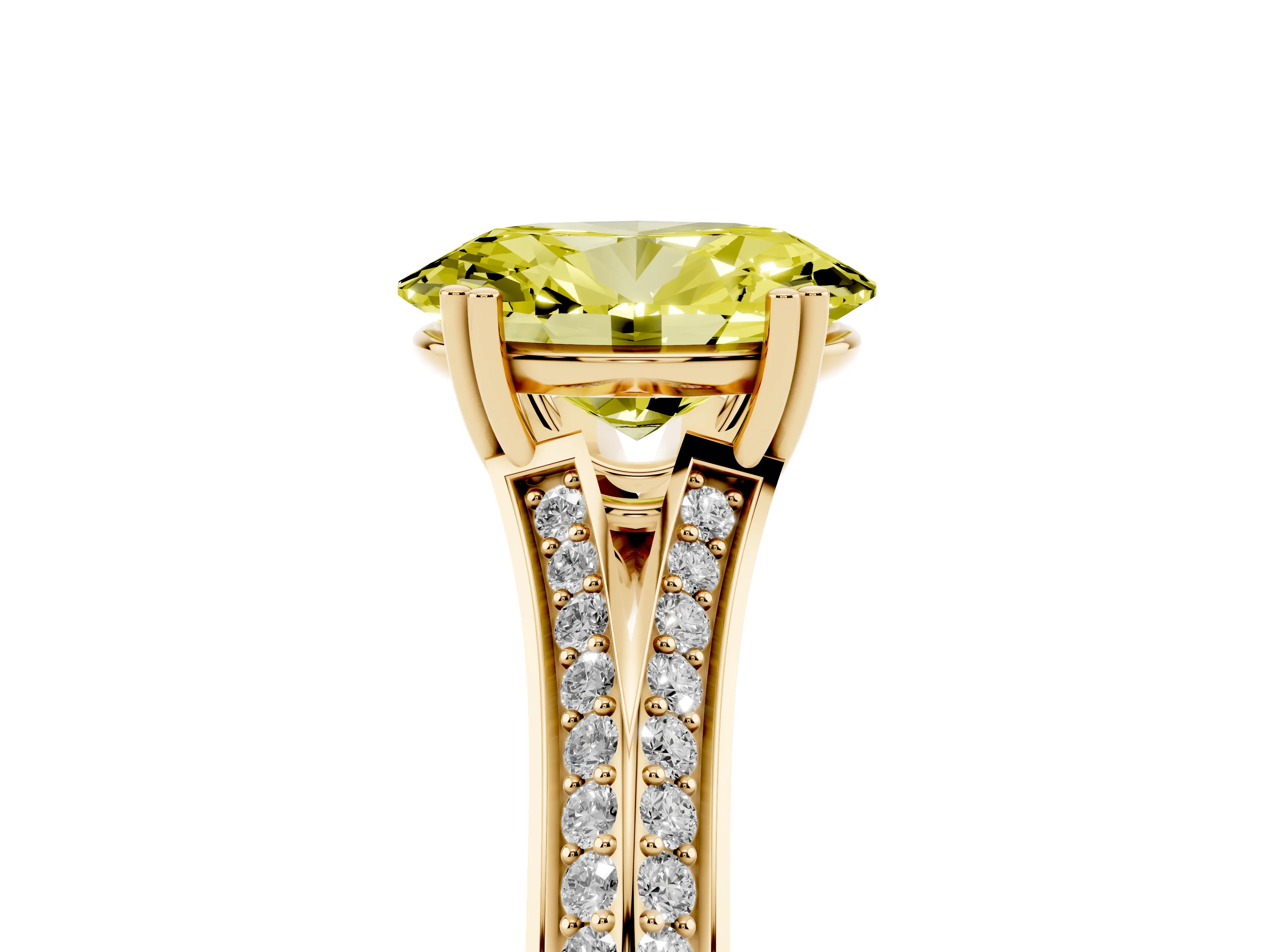 Fancy Yellow Oval Cut Diamond Split Shank Pavé Engagement Ring Set in Yellow gold with Prong-Set Center Stone