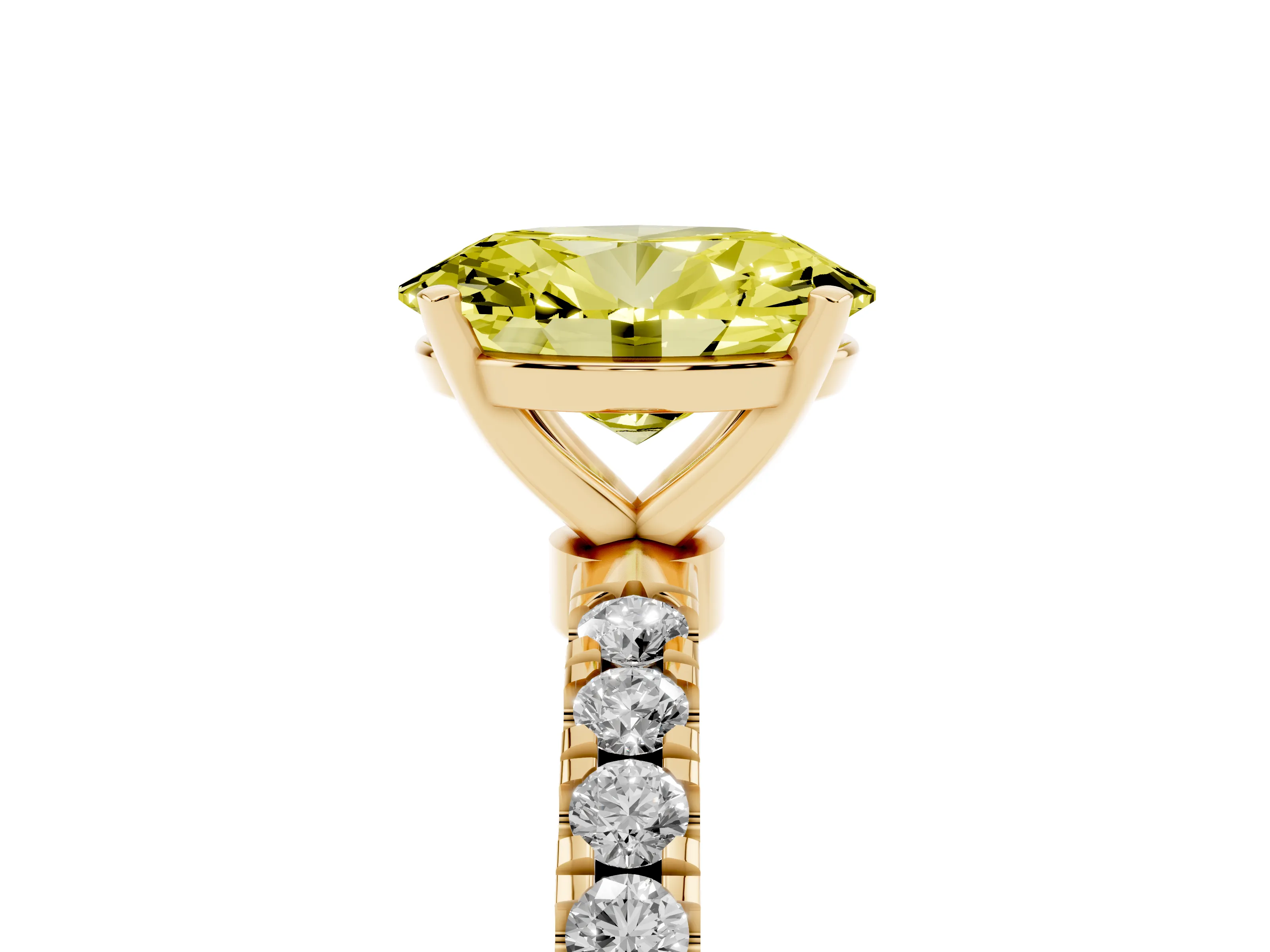 Fancy Yellow Oval Cut Diamond Solitaire Ring Set in Yellow gold with Pavé Accents and Prong Setting