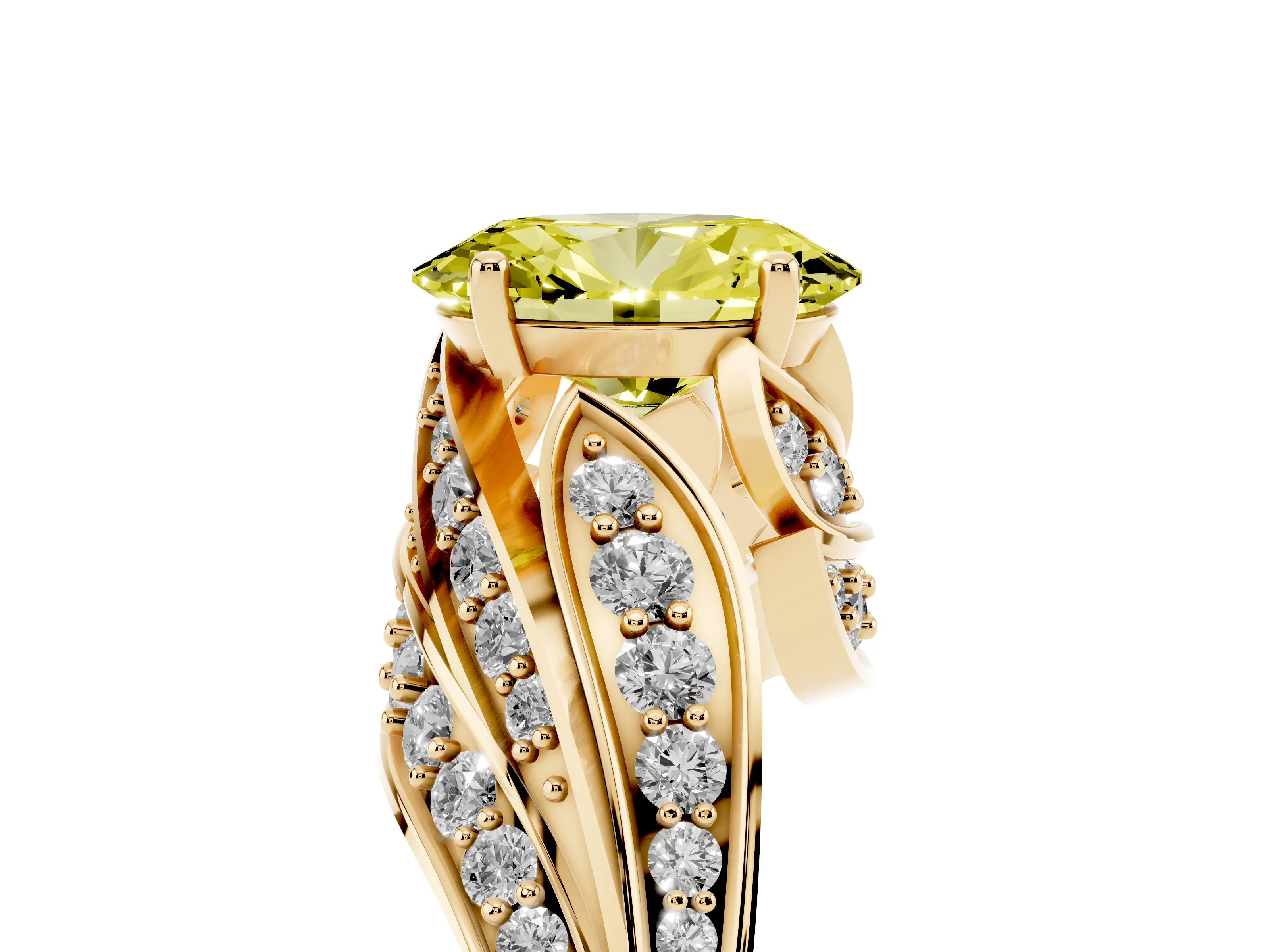 Fancy Yellow Oval Cut Diamond Solitaire Ring Set in Yellow gold with Layered Twist Pavé Band