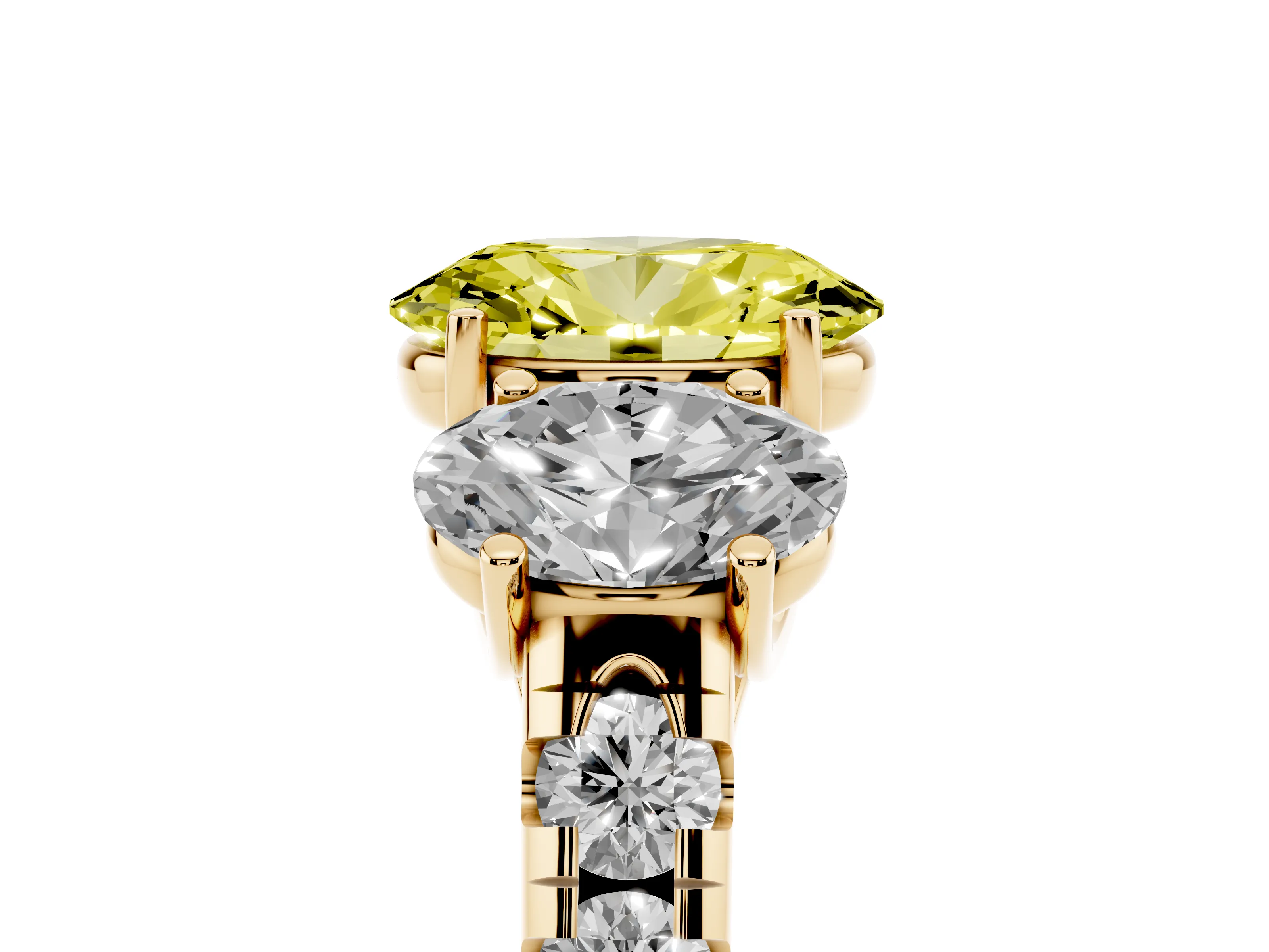 Fancy Yellow Oval Cut Diamond Three-Stone Ring Set in Yellow gold with Pavé Band