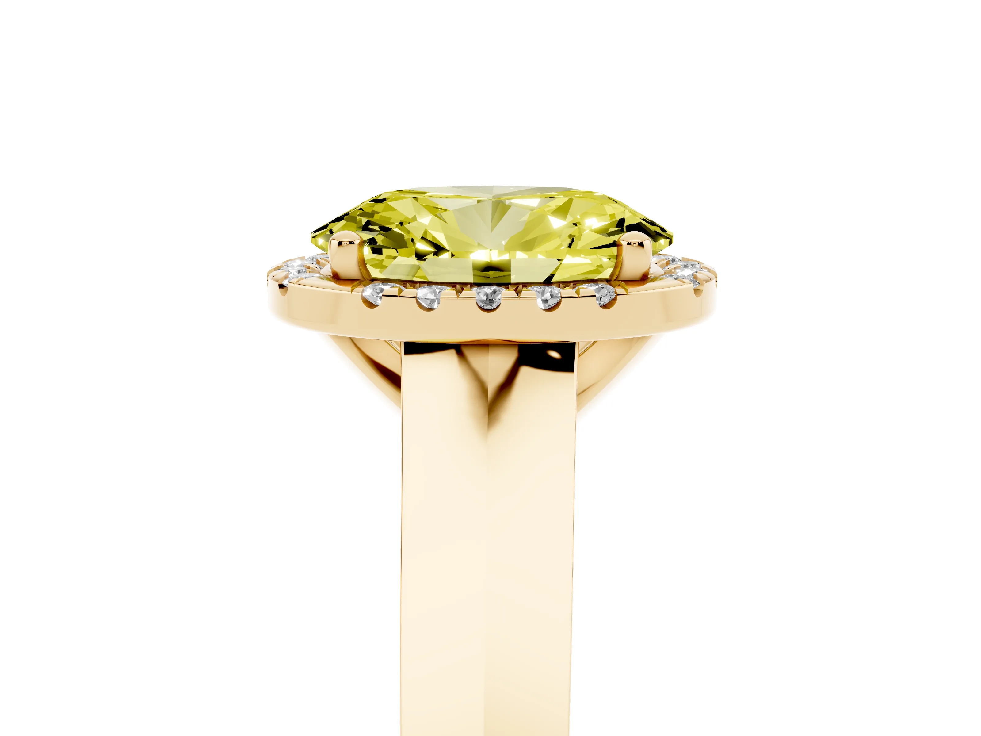 Fancy Yellow Oval Cut Diamond Halo Ring Set in Yellow gold with Cathedral Band and Prong Setting