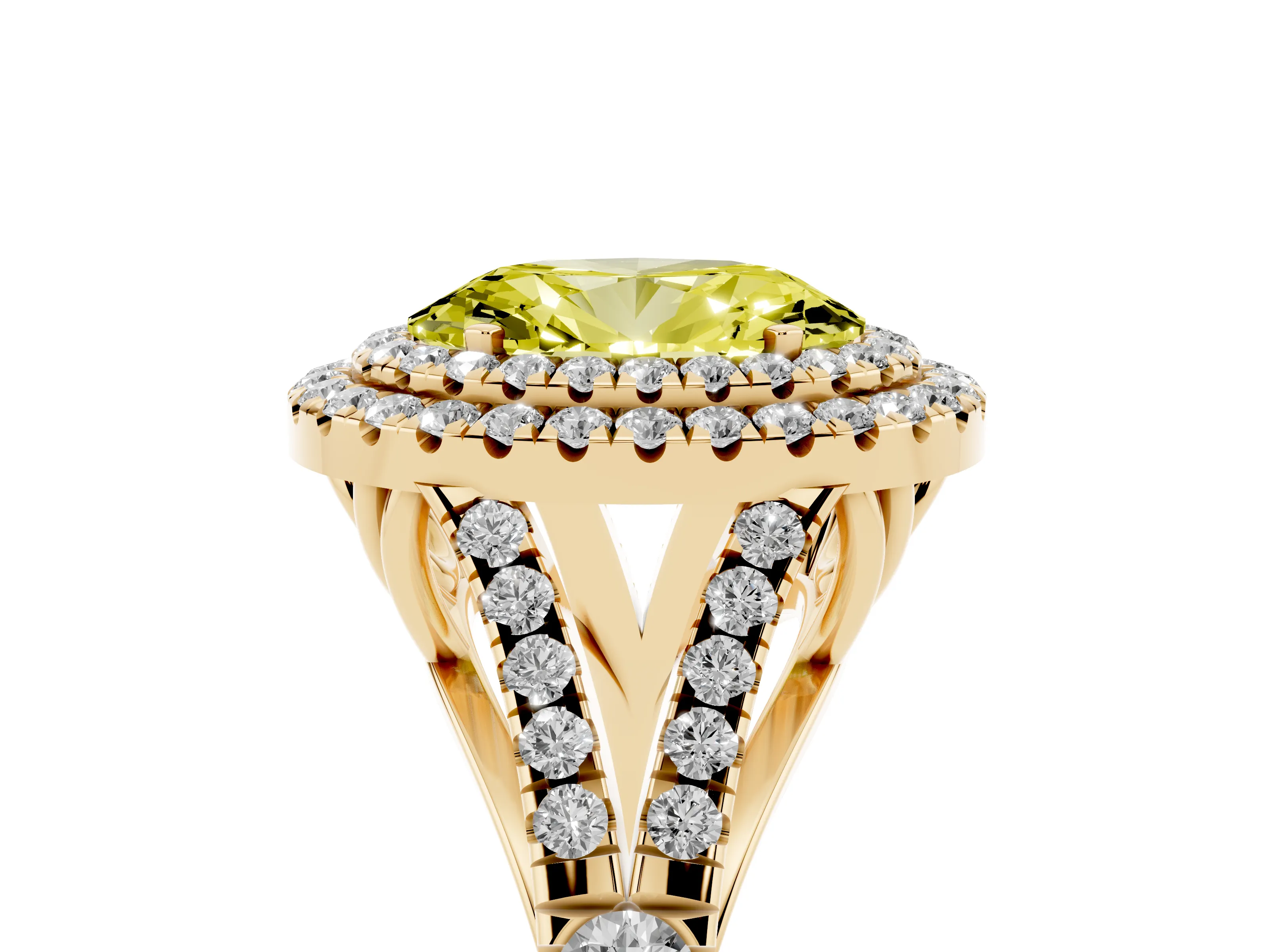 Fancy Yellow Oval Cut Diamond Pavé Split Shank Double Halo Engagement Ring Set in Yellow gold