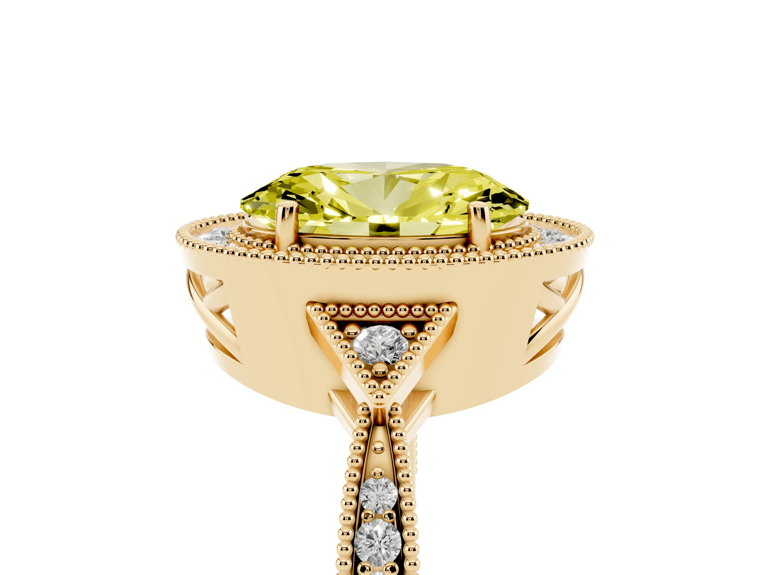 Fancy Yellow Oval Cut Diamond Halo Engagement Ring Set in Yellow gold with Milgrain Pavé Band