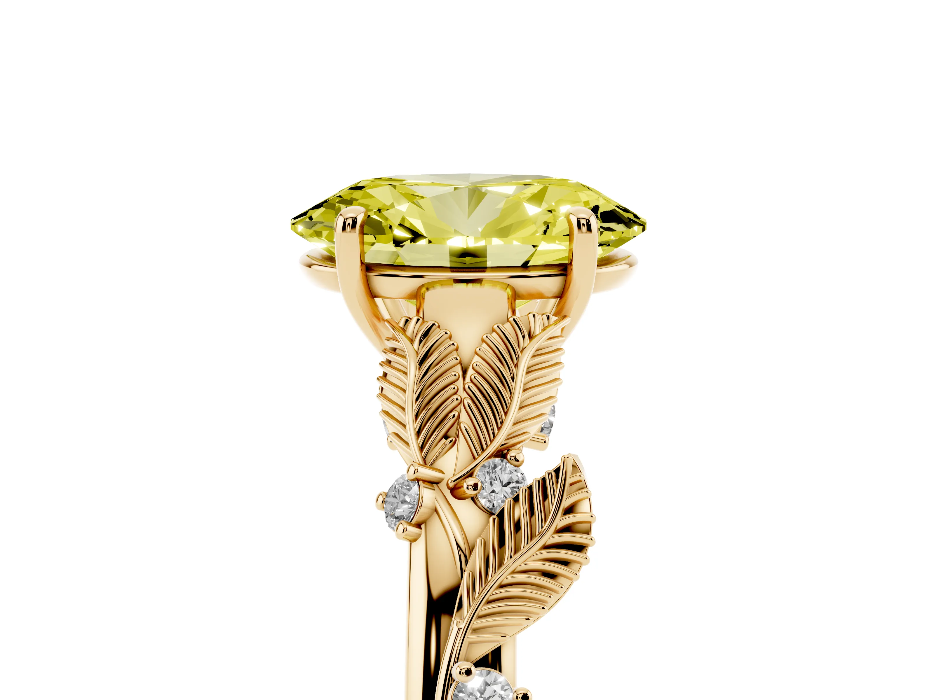 Fancy Yellow Oval Cut Diamond Solitaire Ring Set in Yellow gold with Leaf Motif Band