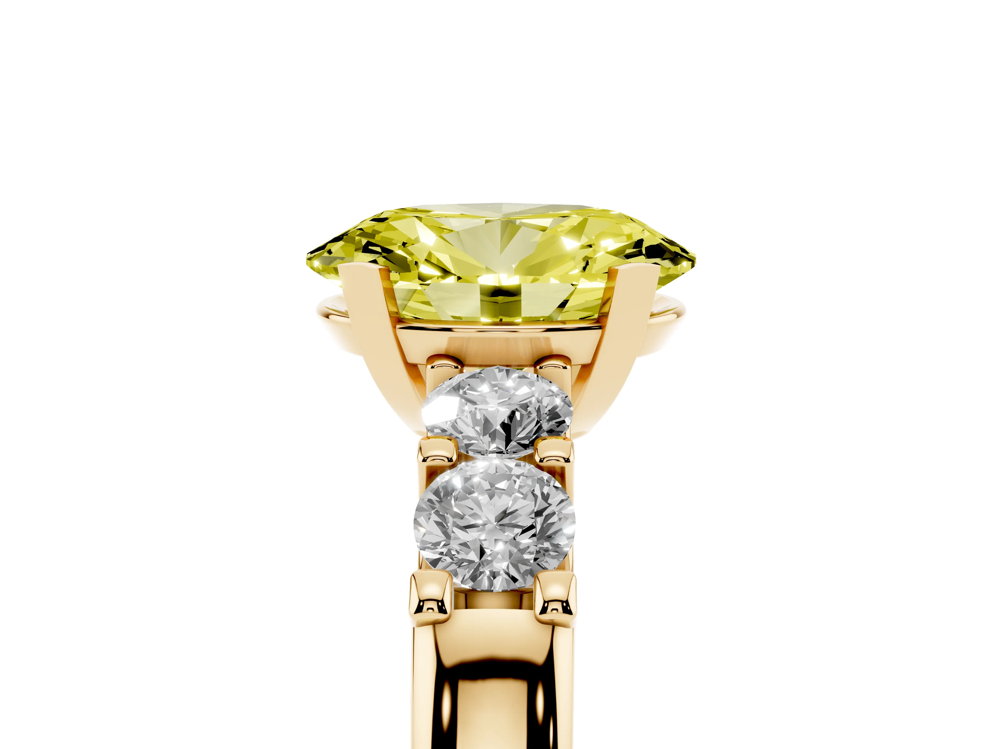 Fancy Yellow Oval Cut Diamond Five-Stone Prong Set Engagement Ring Set in Yellow gold with Channel Band