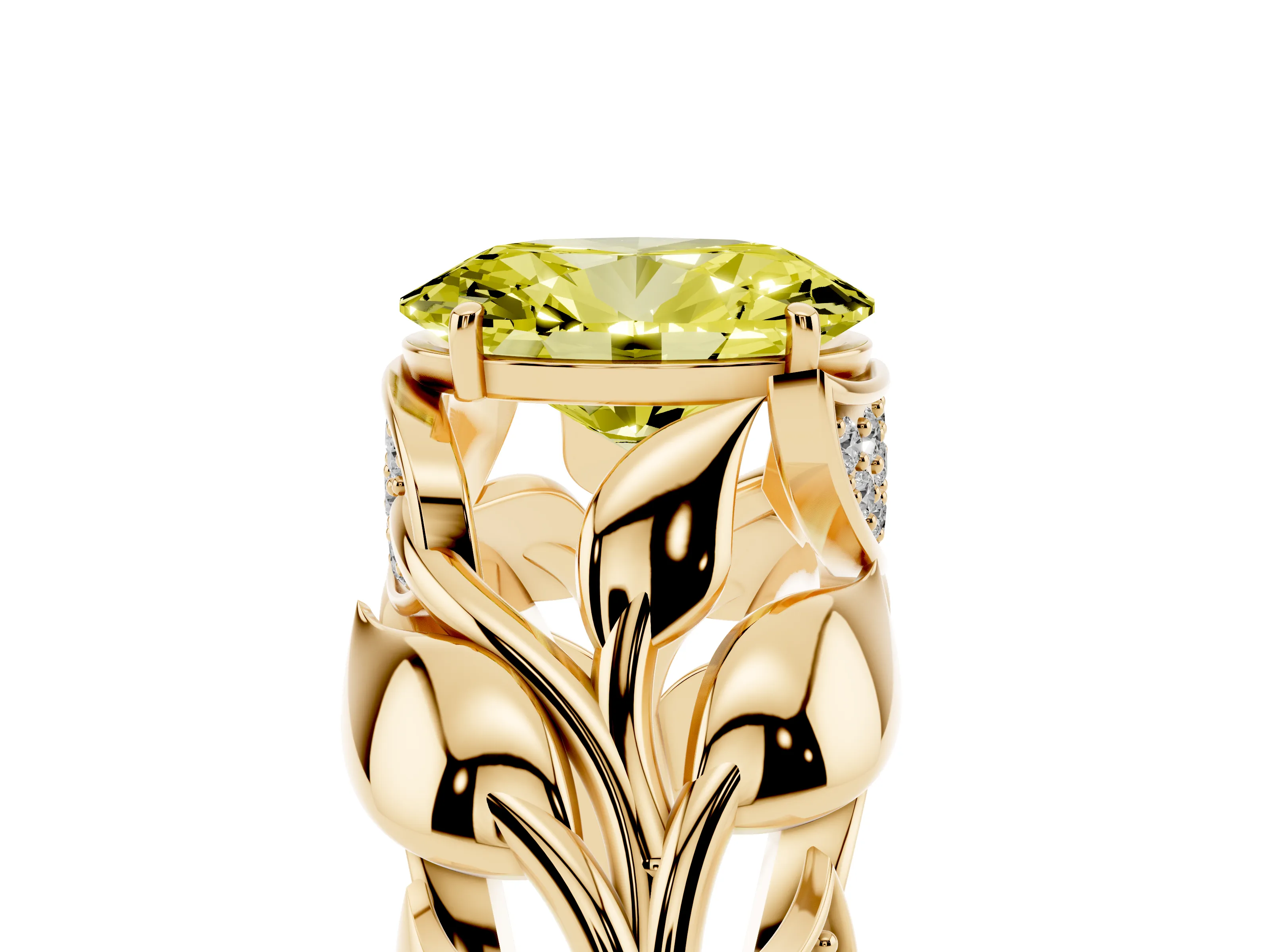 Fancy Yellow Oval Cut Diamond Leaf-Inspired Engagement Ring Set in Yellow gold with Round Accents