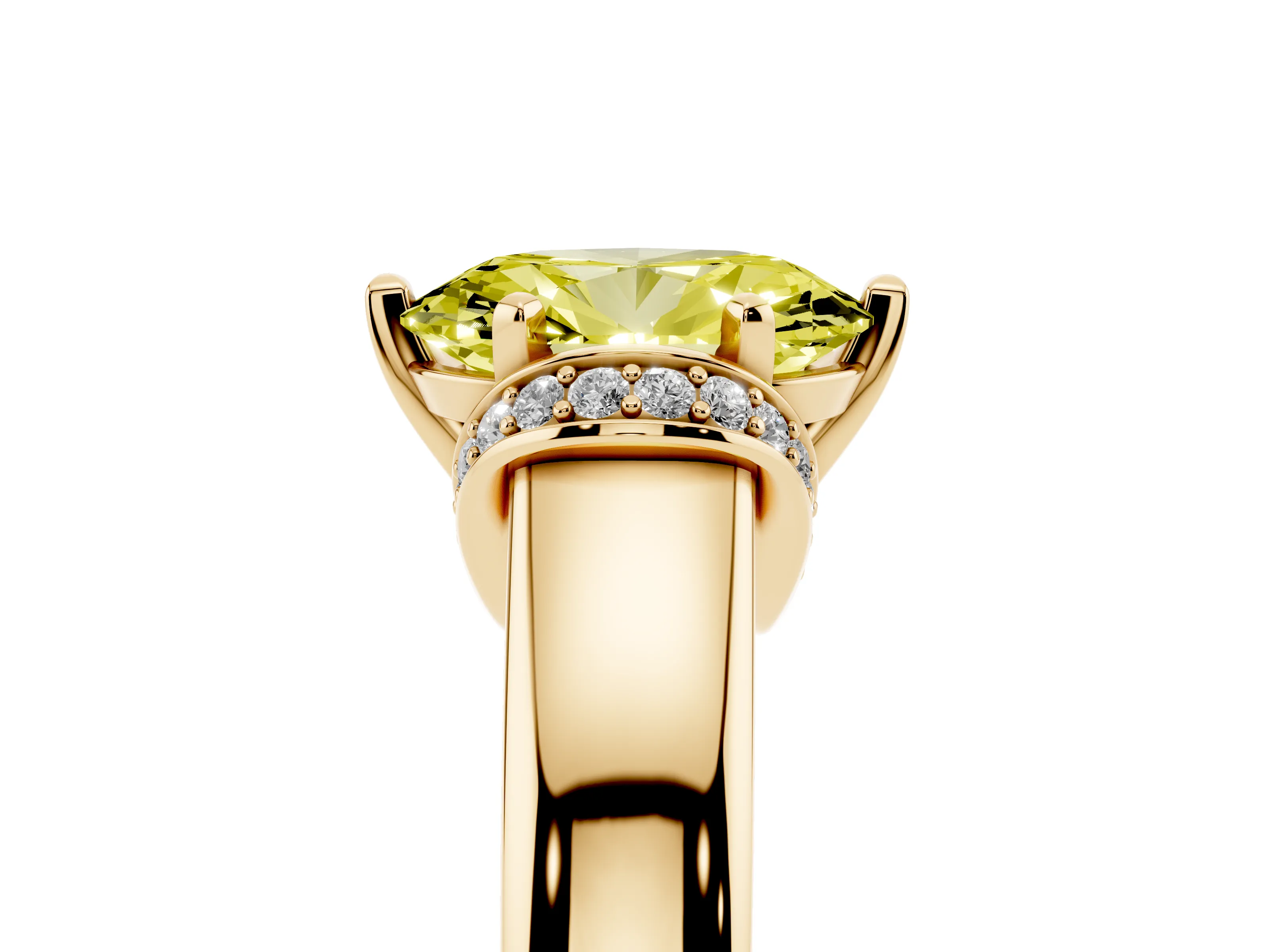 Fancy Yellow Oval Cut Diamond Pavé Band Solitaire Ring Set in Yellow gold with Prong Setting