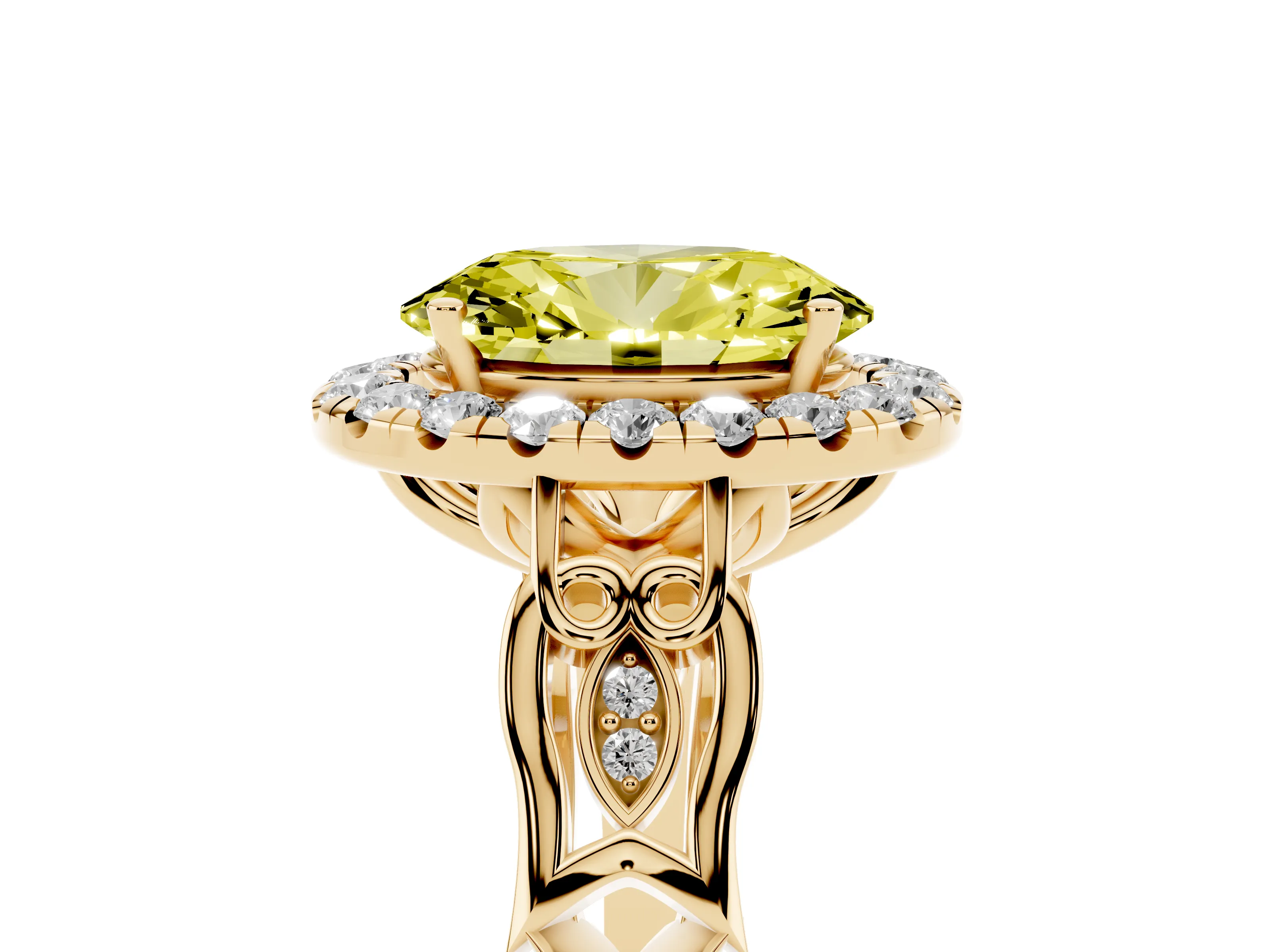 Fancy Yellow Oval Cut Diamond Halo Engagement Ring Set in Yellow gold with Filigree Band and Prong-Set Center