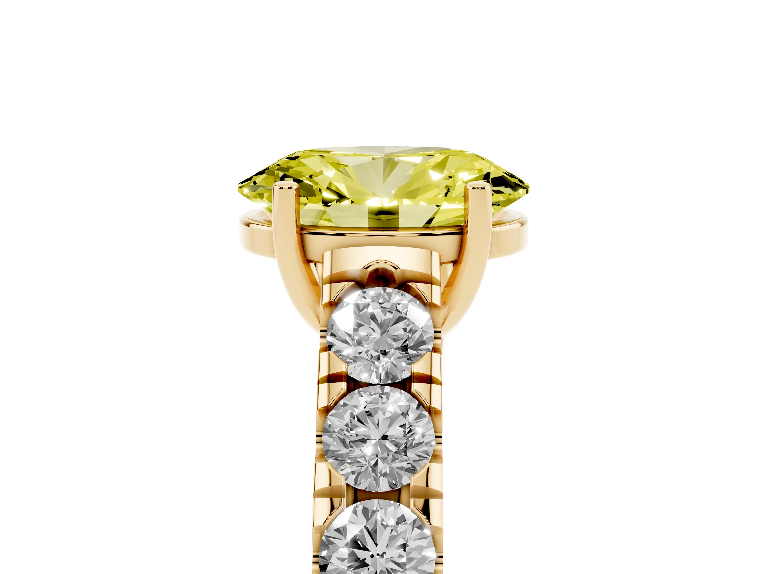 Fancy Yellow Oval Cut Diamond Solitaire Ring Set in Yellow gold with Cut-Down Micro Pavé Band and Prong Setting