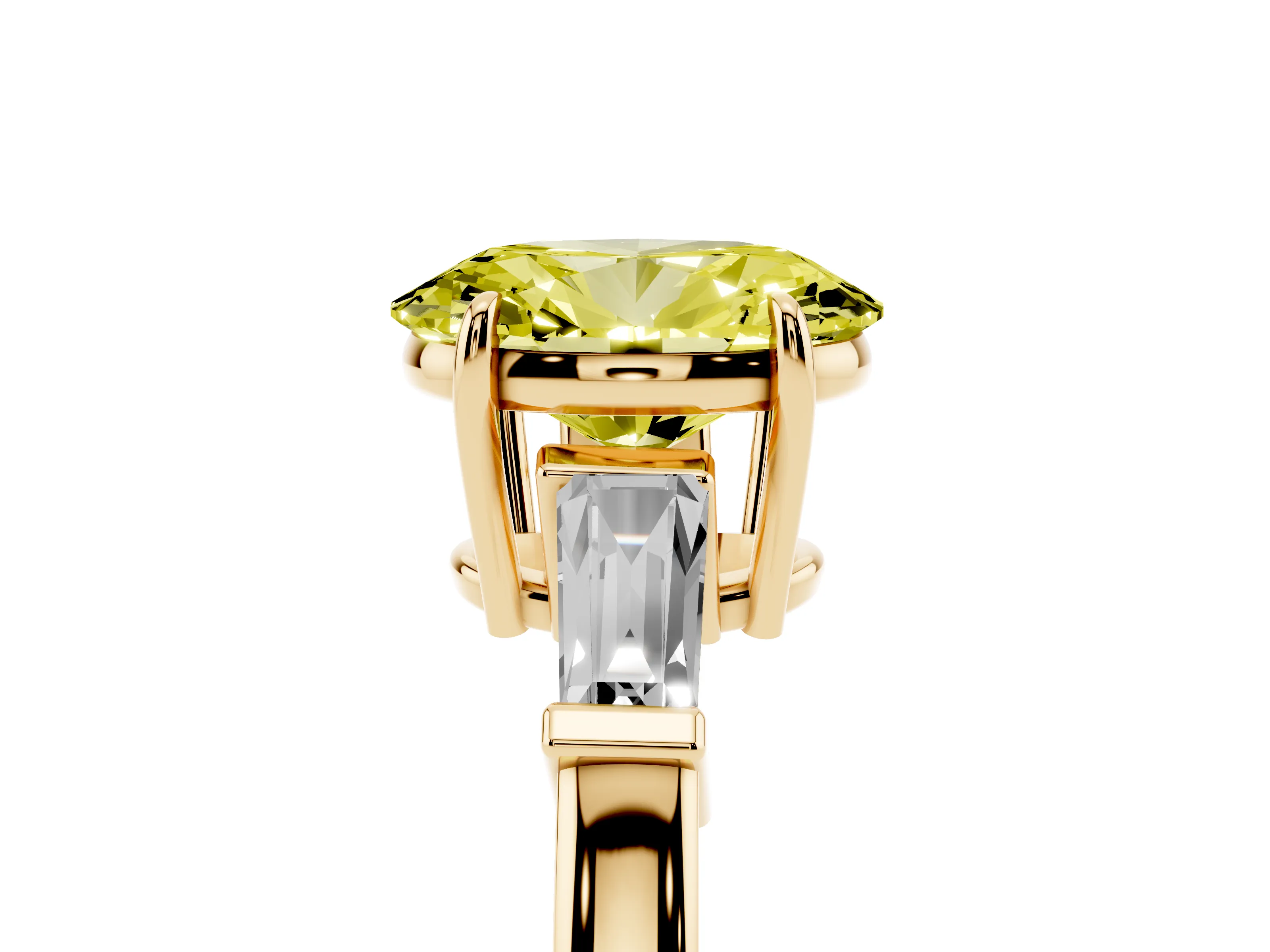 Fancy Yellow Oval Cut Diamond Three-Stone Ring Set in Yellow gold with Tapered Baguette Side Stones and Prong Setting