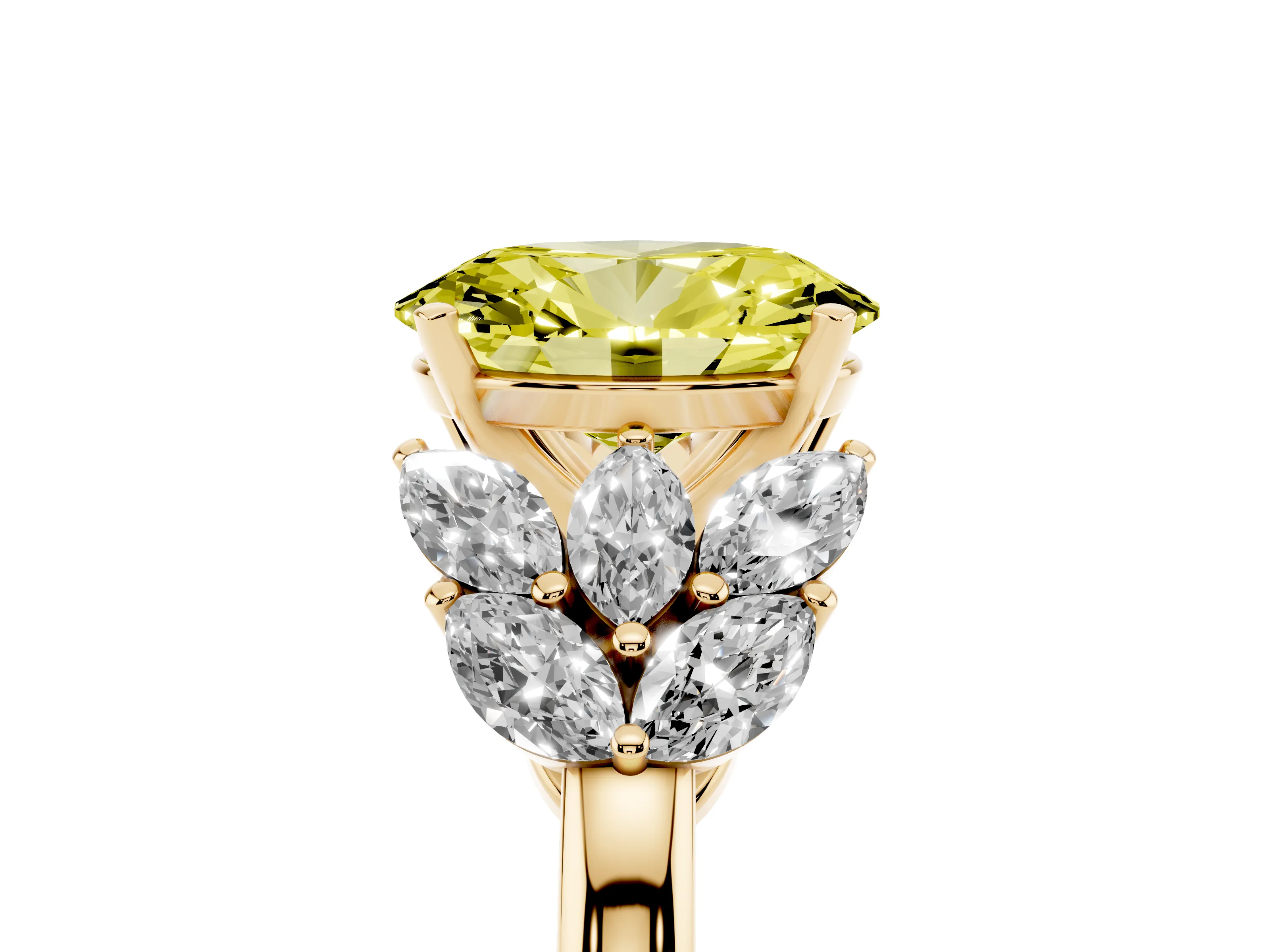 Fancy Yellow Oval Cut Diamond Cluster Leaf Design Ring Set in Yellow gold with Prong Setting