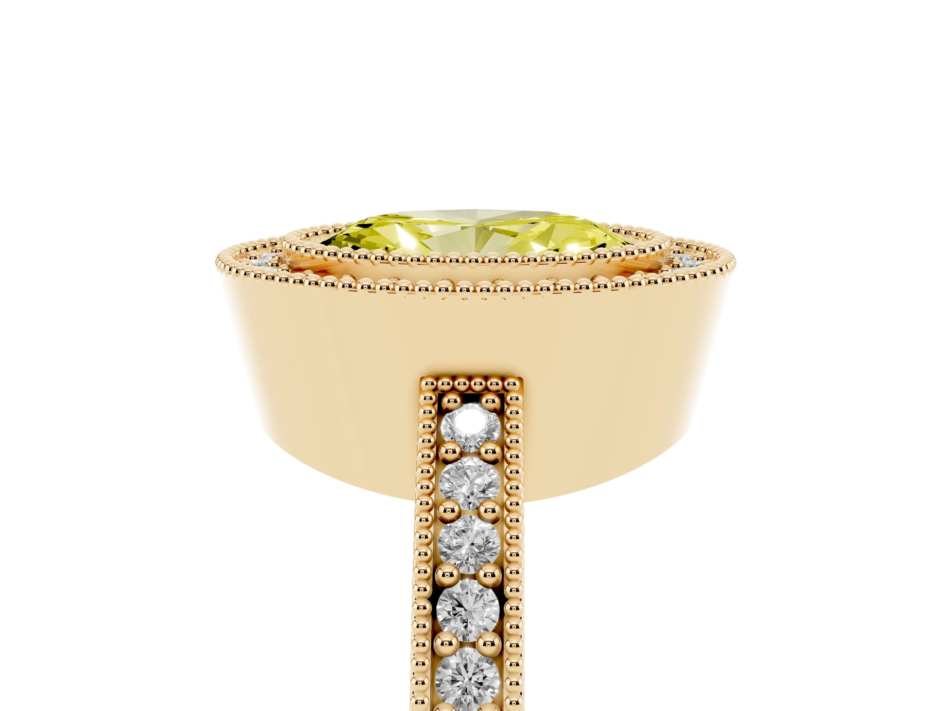 Fancy Yellow Oval Cut Diamond Halo Engagement Ring Set in Yellow gold with Pavé Band and Round Halo Stones
