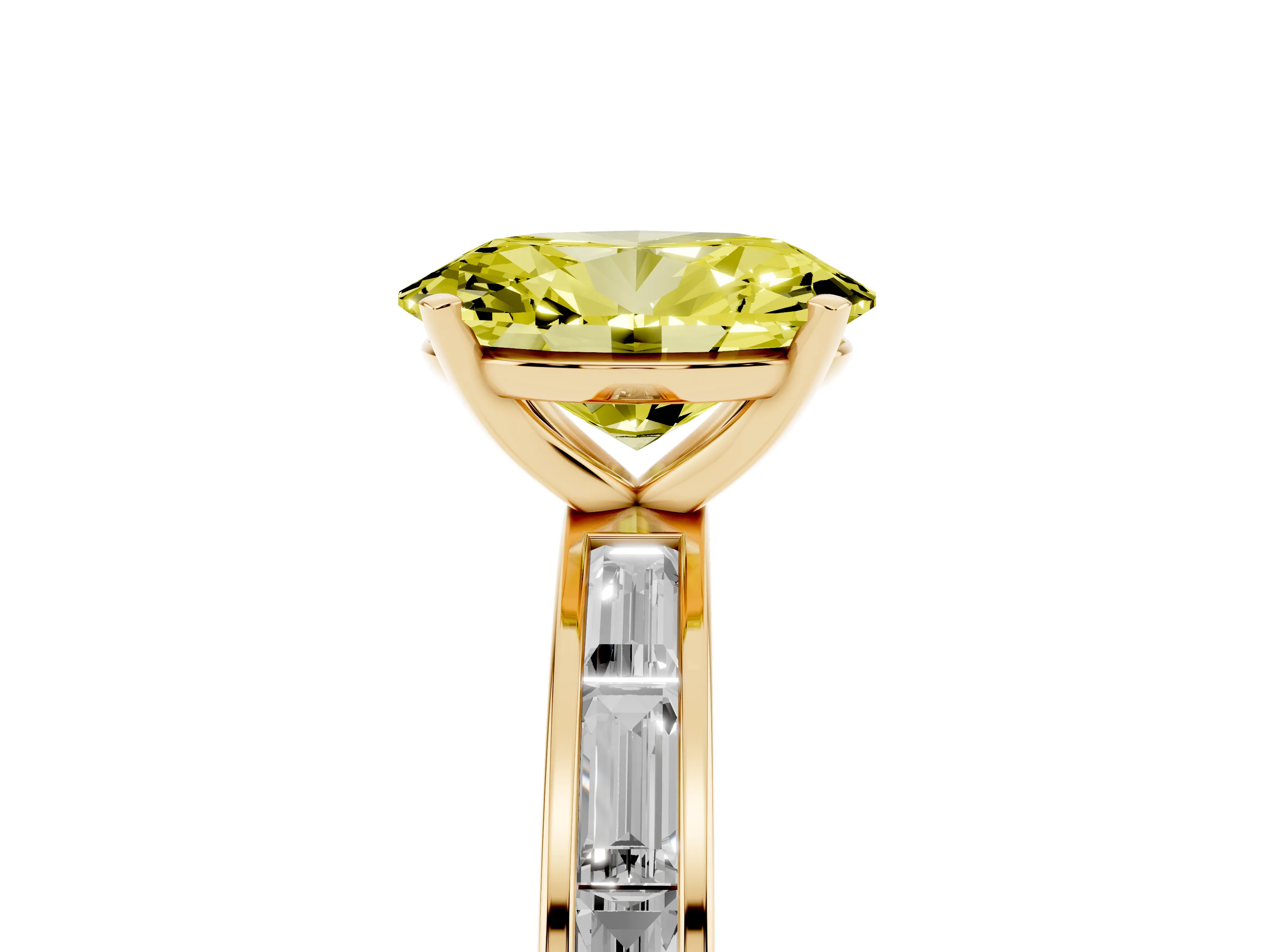 Fancy Yellow Oval Cut Diamond Solitaire Ring Set in Yellow gold with Channel-Set Baguette Band and Prong Setting