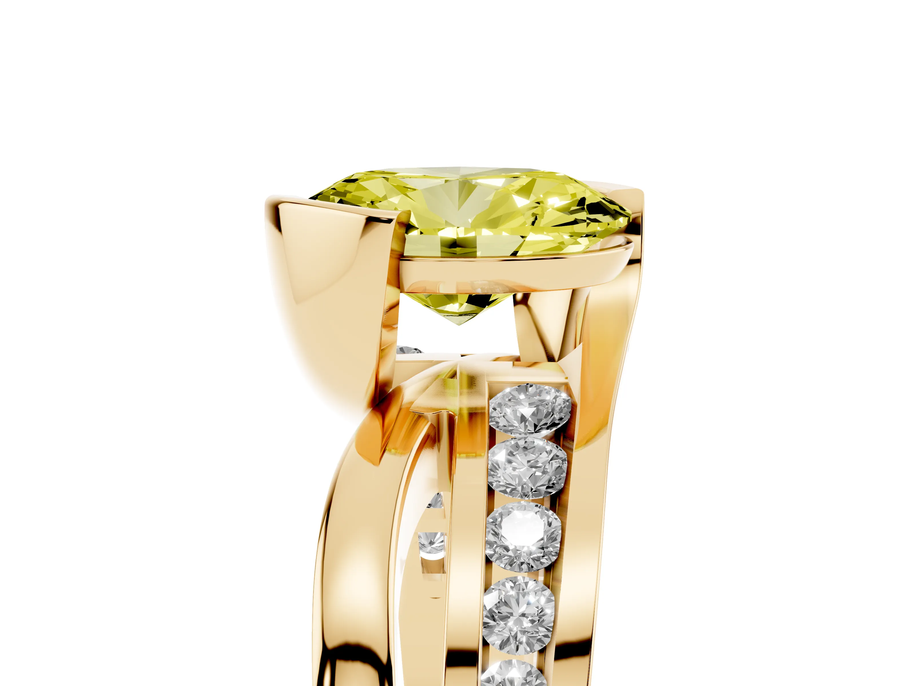 Fancy Yellow Oval Cut Diamond Solitaire Ring Set in Yellow gold with Channel Set Split Shank and Tension Prongs