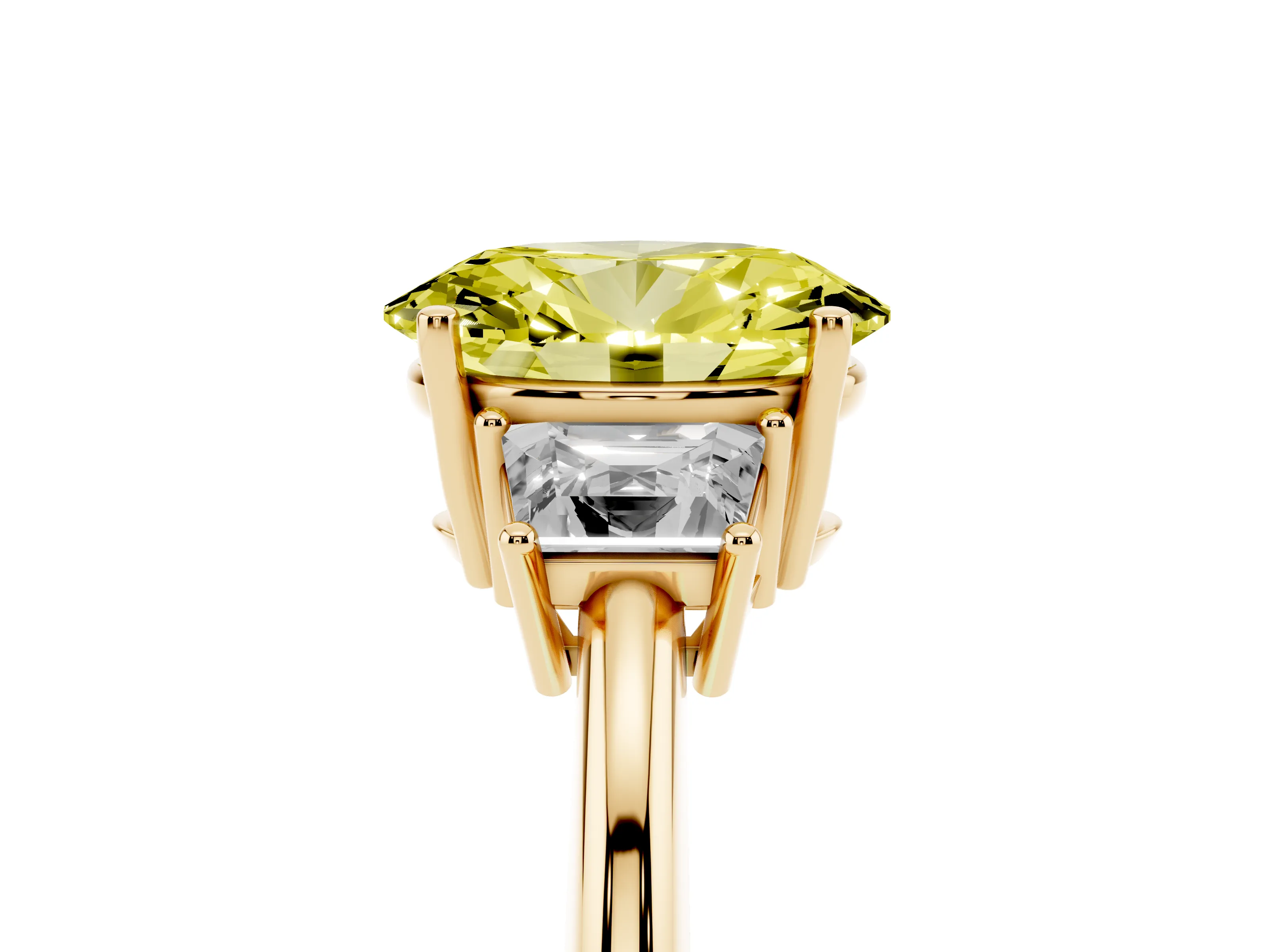 Fancy Yellow Oval Cut Diamond Three-Stone Ring Set in Yellow gold with Trapezoid Side Stones and Prong Setting