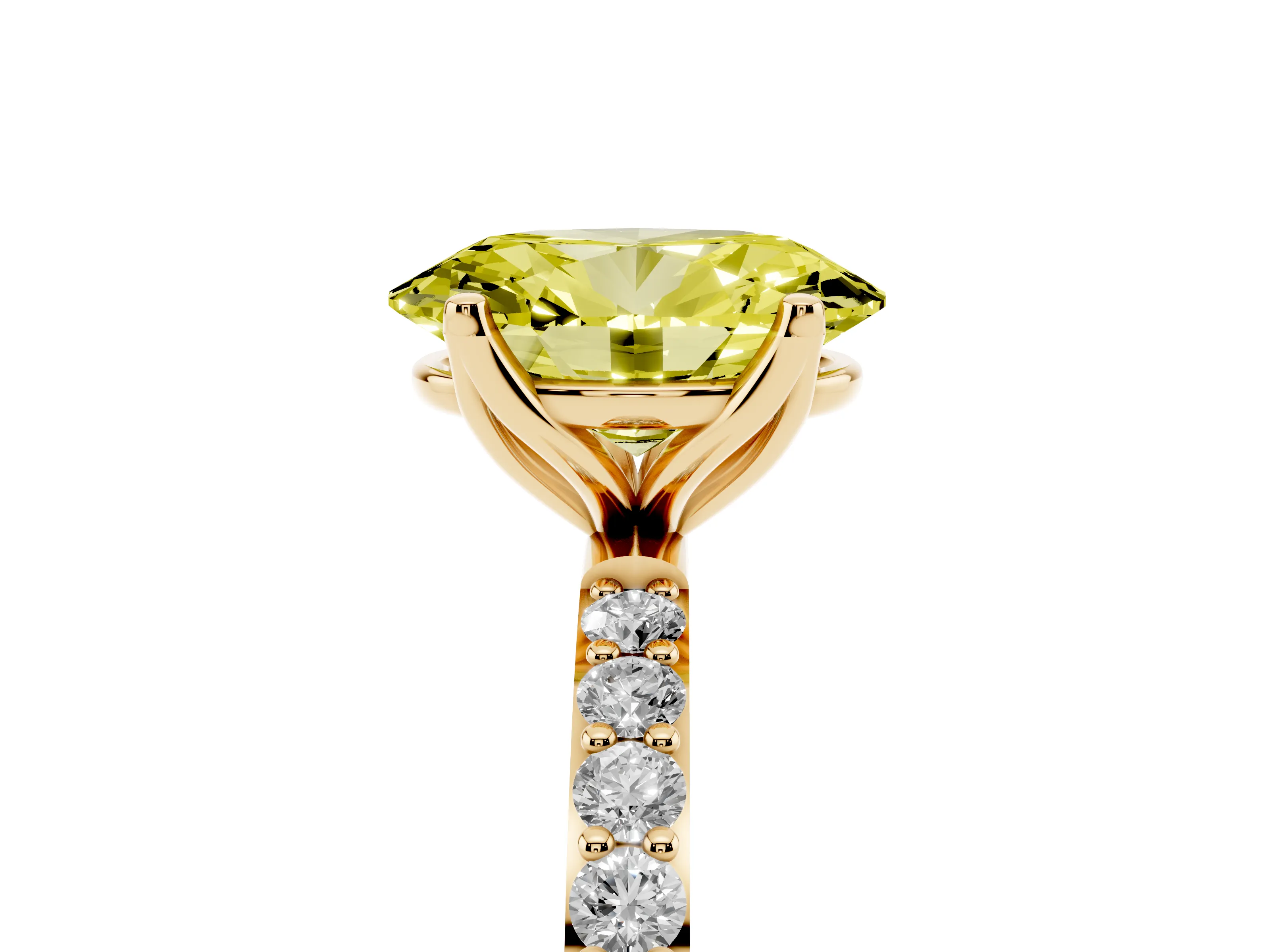 Fancy Yellow Oval Cut Diamond Solitaire Engagement Ring Set in Yellow gold with Round Pavé Band and Prong Setting