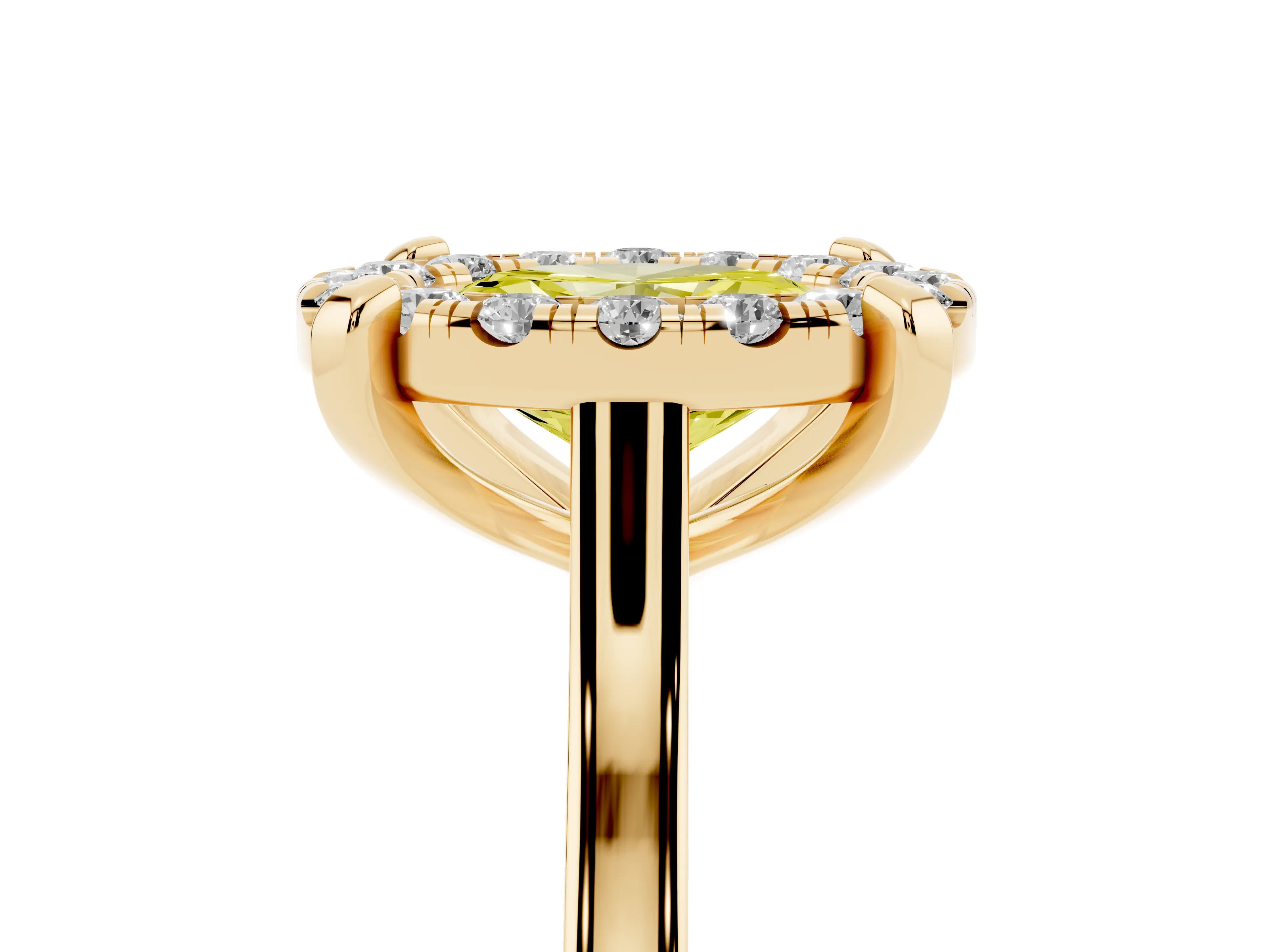 Fancy Yellow Oval Cut Diamond Cluster Halo Solitaire Ring Set in Yellow gold with Prong Setting