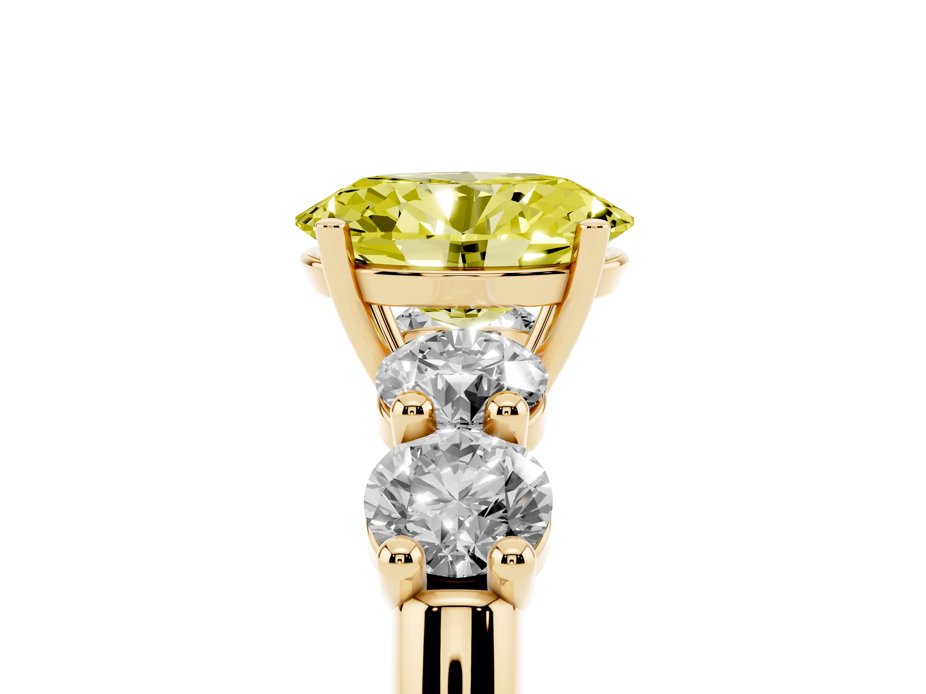 Fancy Yellow Oval Cut Diamond Five-Stone Prong Set Ring Set in Yellow gold with Classic Band