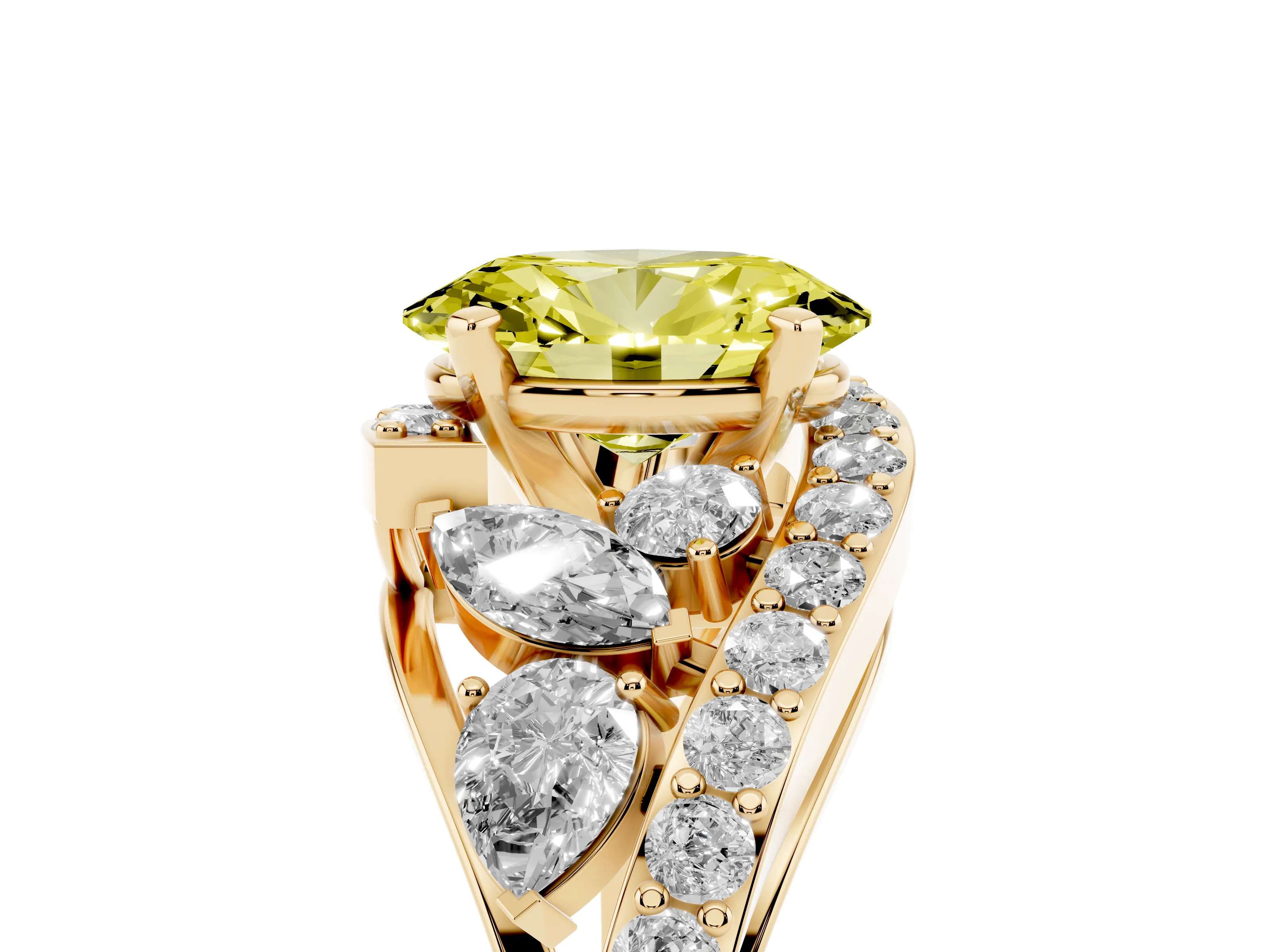 Fancy Yellow Oval Cut Diamond Halo Ring Set in Yellow gold with Marquise and Pavé Band in Prong Setting