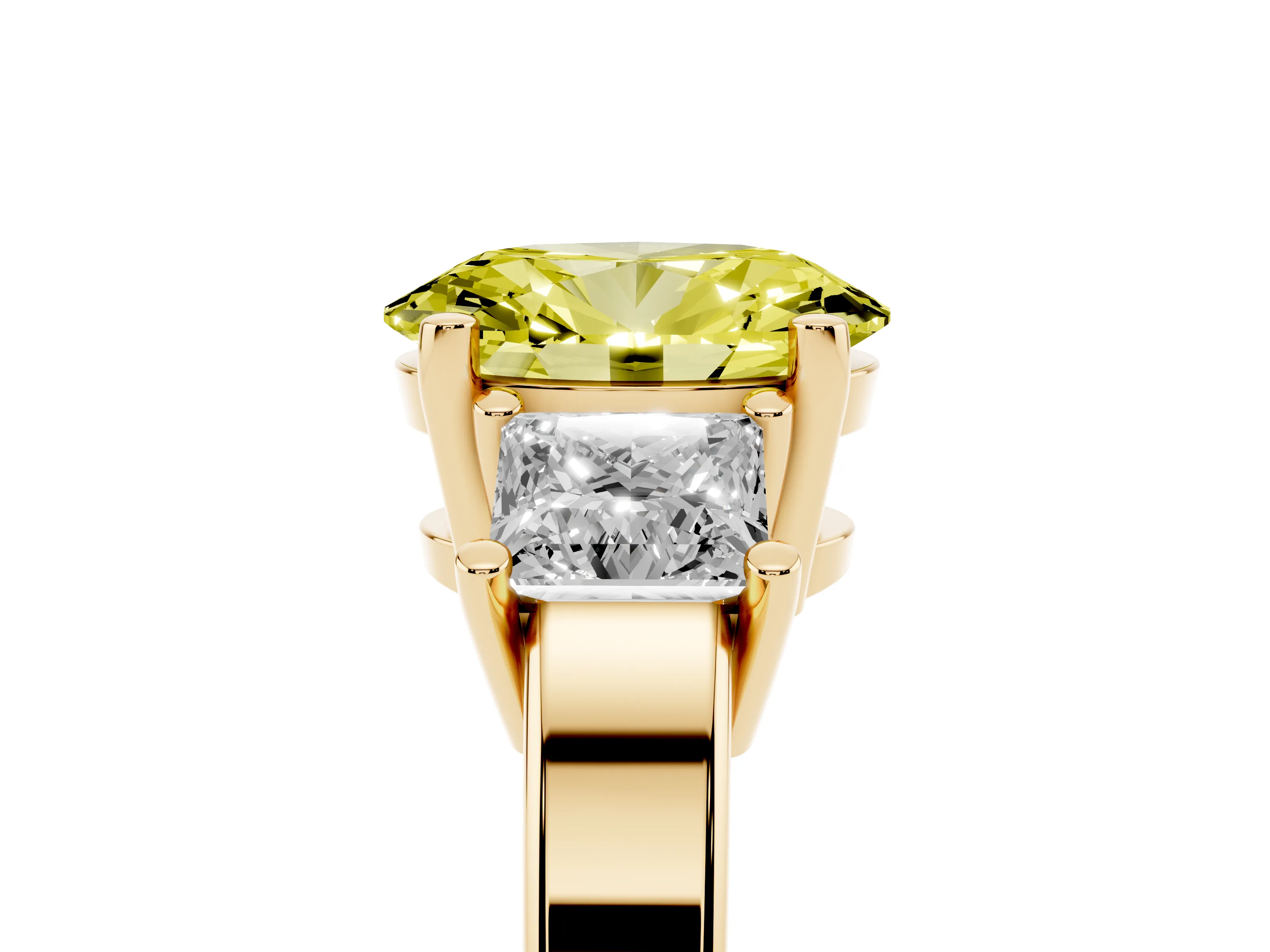 Fancy Yellow Three-Stone Oval Cut Diamond Solitaire Ring Set in Yellow gold with Prong Setting