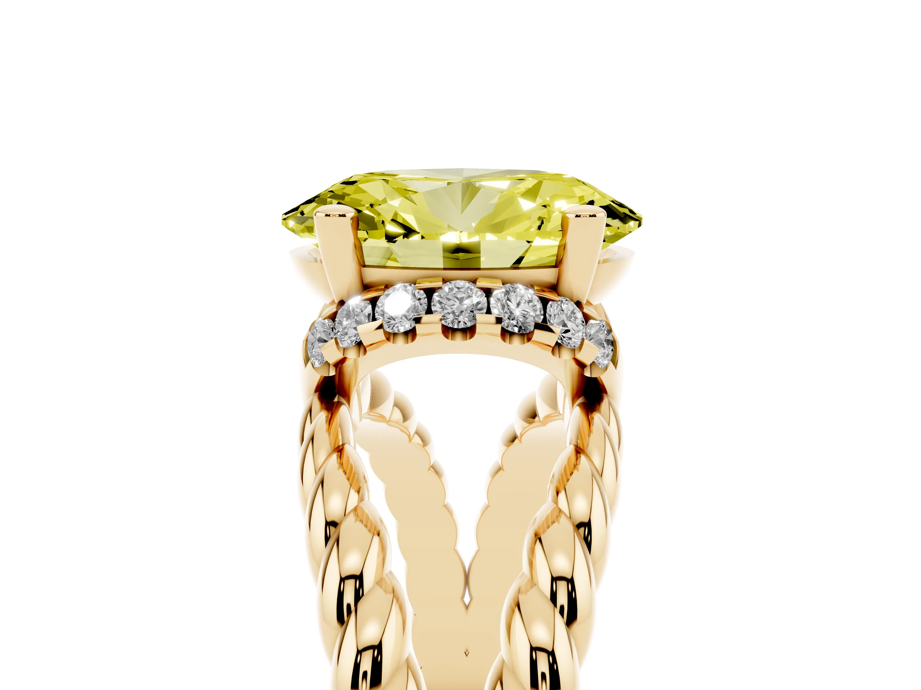 Fancy Yellow Oval Cut Diamond Halo Ring Set in Yellow gold with Twisted Band and Prong Setting