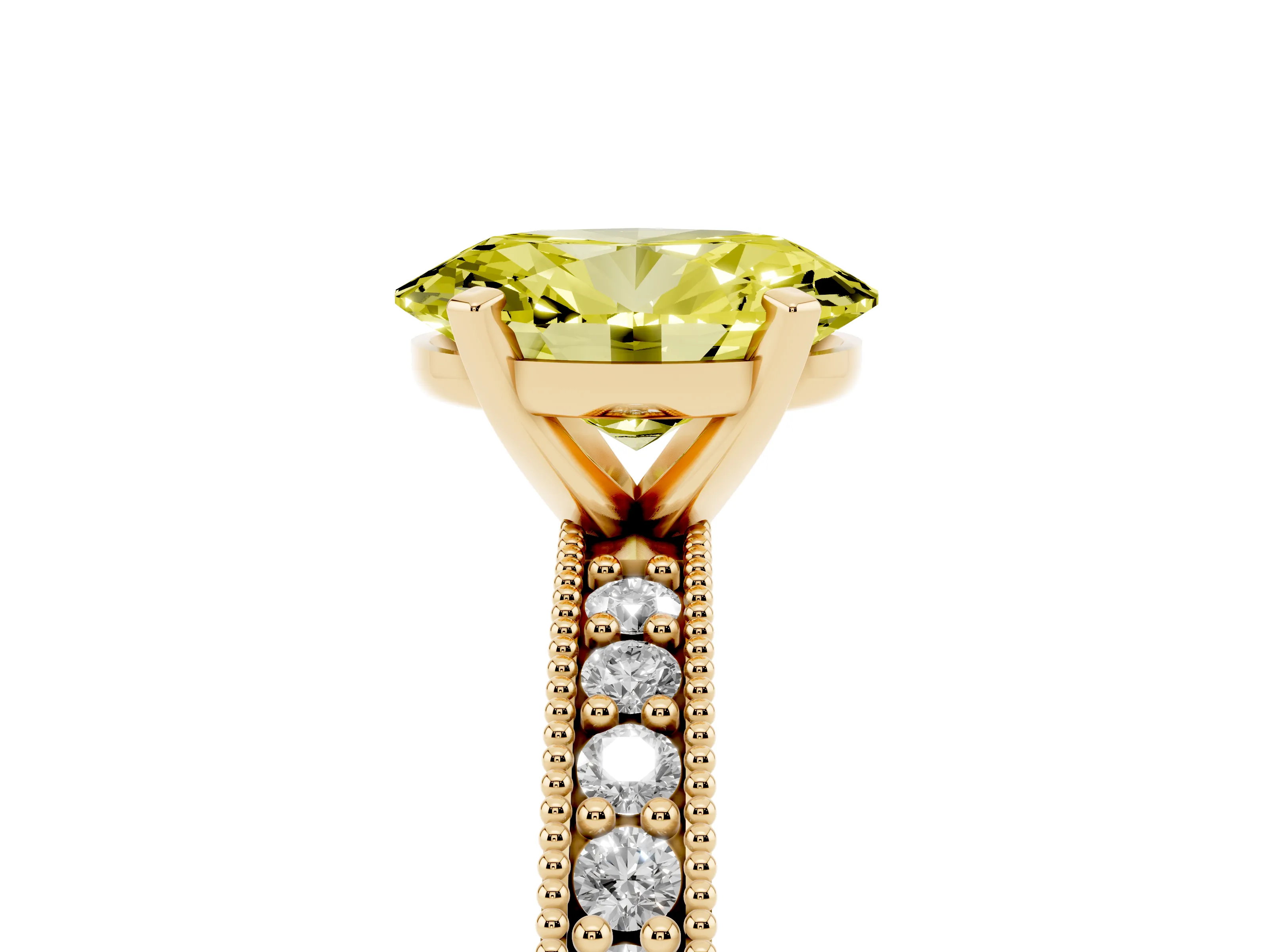 Fancy Yellow Oval Cut Diamond Milgrain Pavé Engagement Ring Set in Yellow gold with Prong Setting