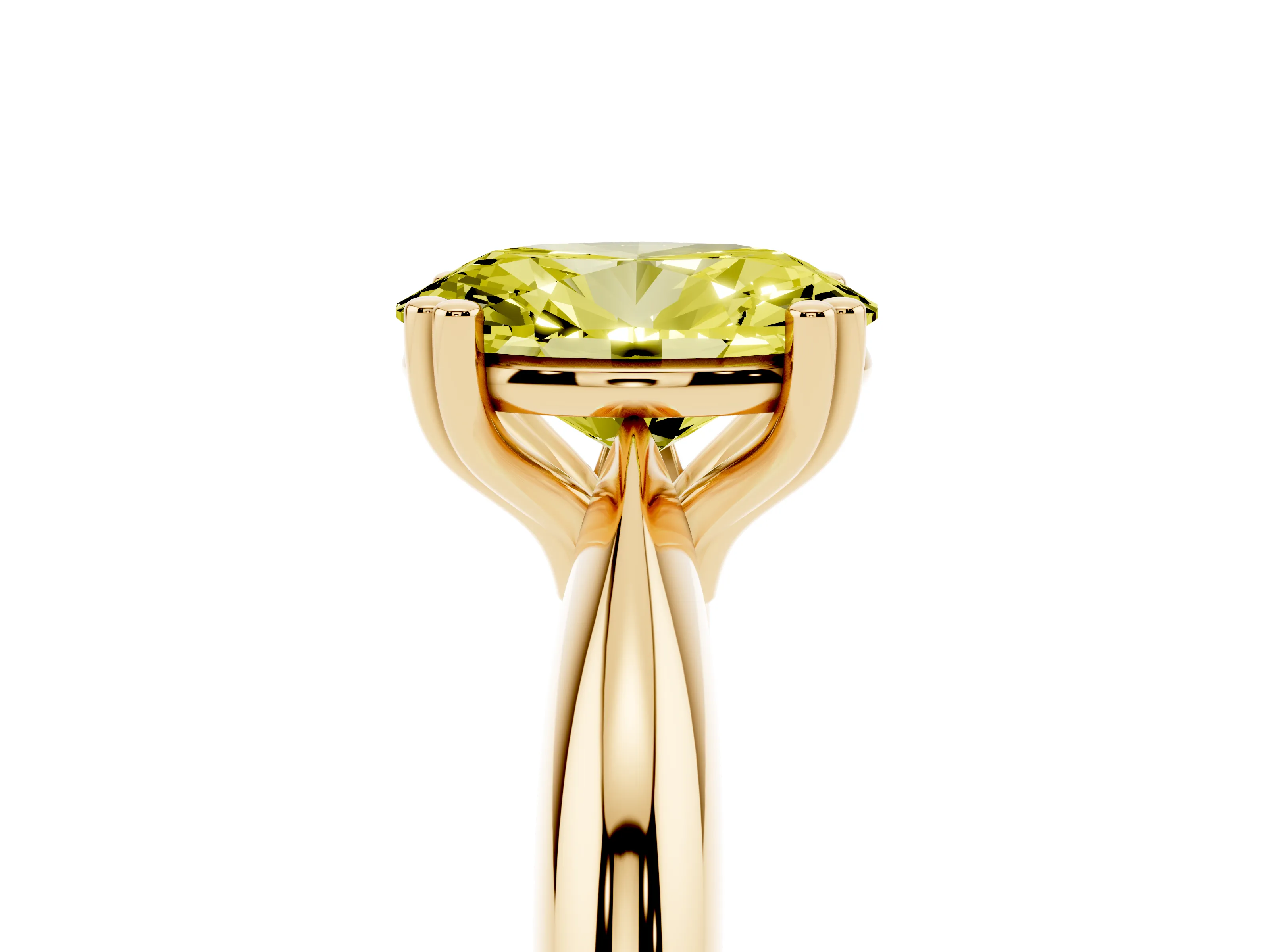 Fancy Yellow Oval Cut Diamond Solitaire Engagement Ring Set in Yellow gold with Tapered Band and Prong Setting
