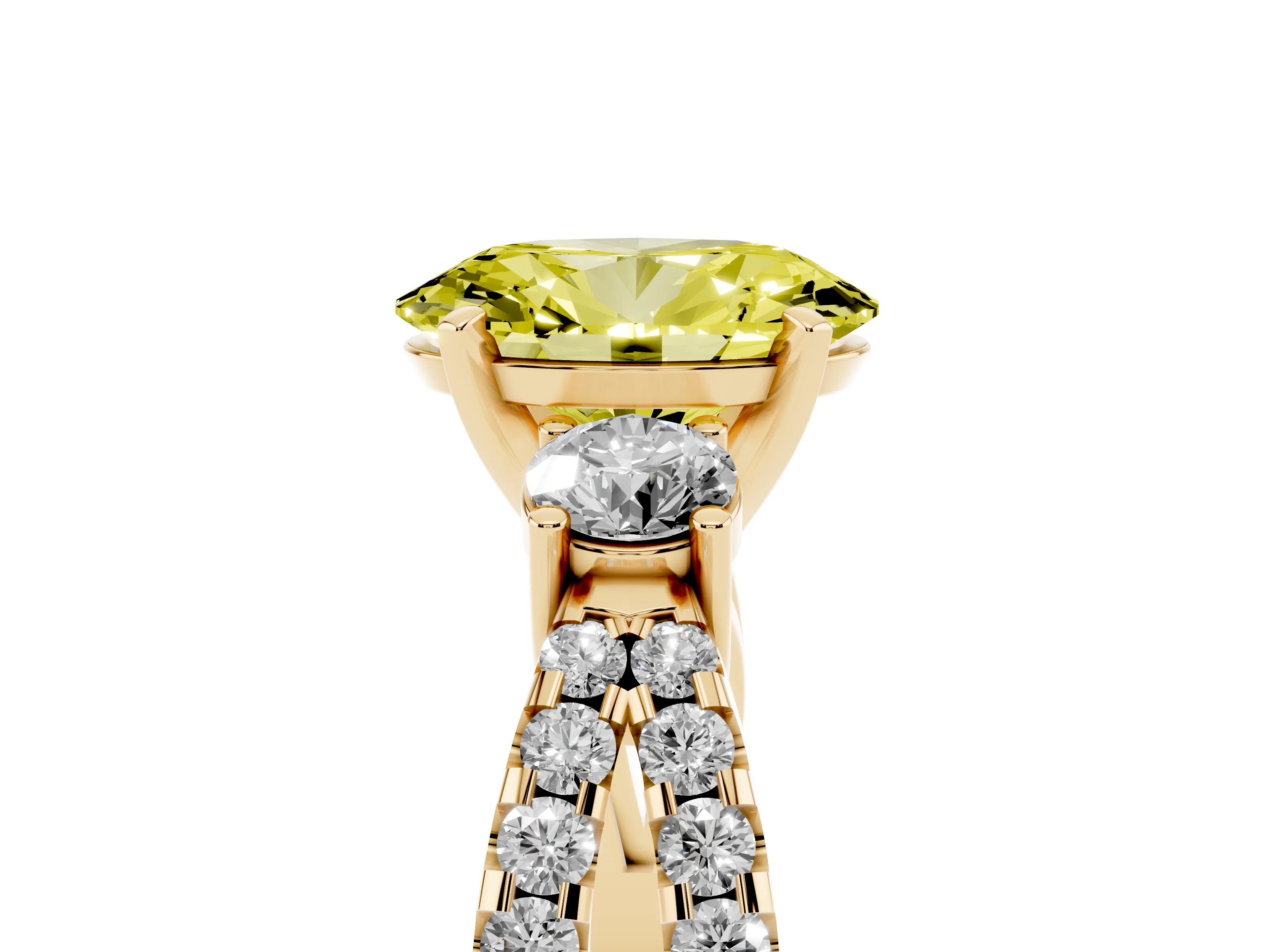 Fancy Yellow Oval Cut Diamond Three-Stone Ring Set in Yellow gold with Pavé Split Shank and Prong Setting