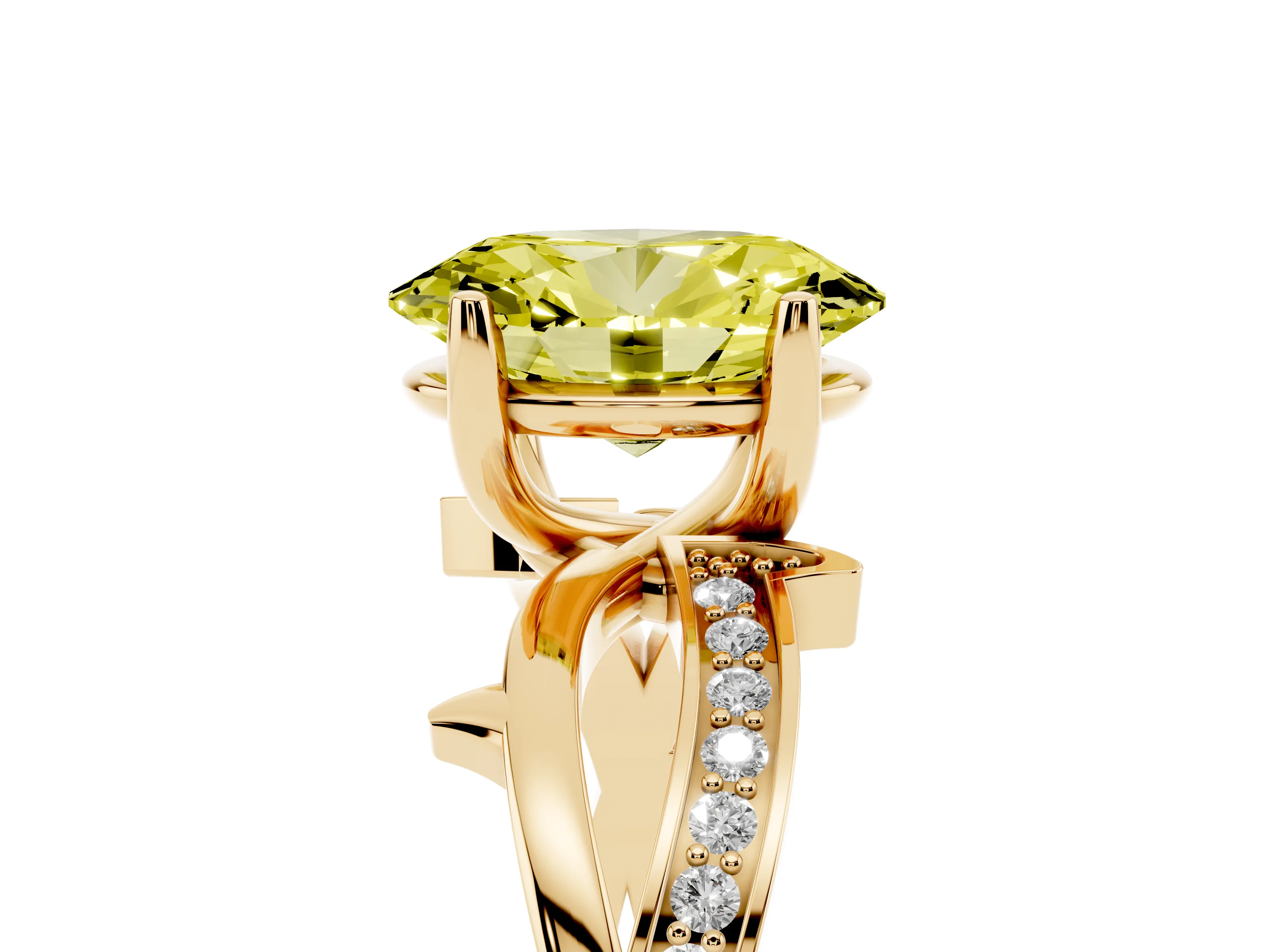Fancy Yellow Oval Cut Diamond Pavé Twist Band Solitaire Ring Set in Yellow gold with Prong Setting