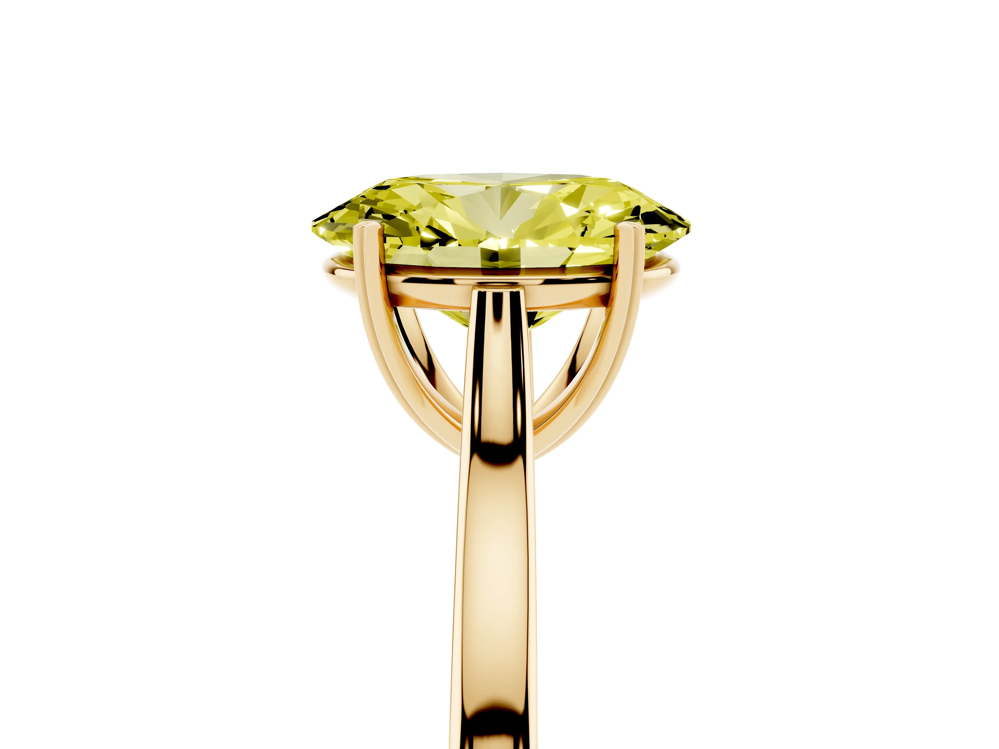Fancy Yellow Oval Cut Diamond Solitaire Heart Prong Engagement Ring Set in Yellow gold with Tapered Band