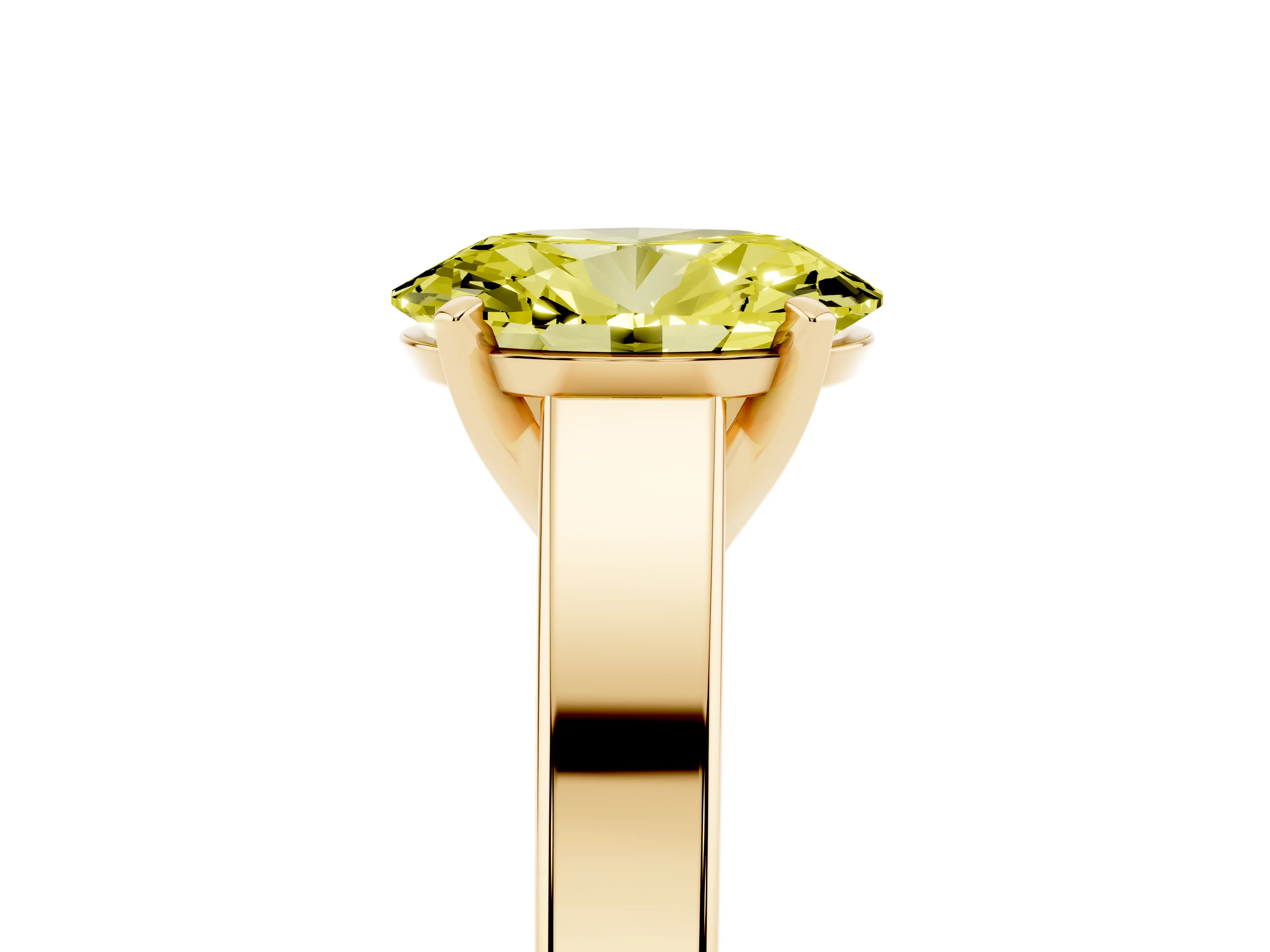 Fancy Yellow Oval Cut Diamond Solitaire Engagement Ring Set in Yellow gold with Prong Setting and Tapered Band
