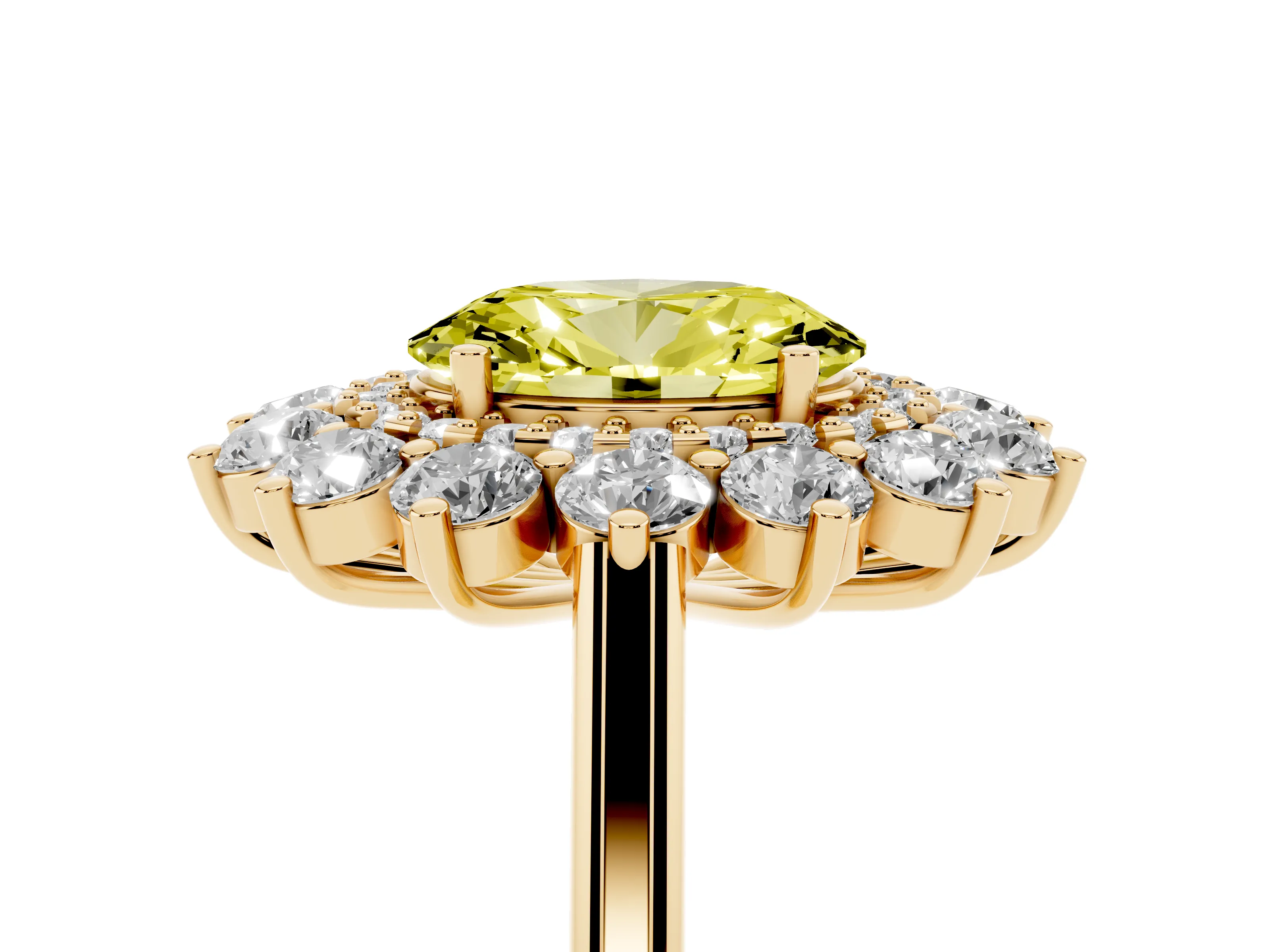 Fancy Yellow Oval Cut Diamond Floral Double Halo Ring Set in Yellow gold with Round Petals