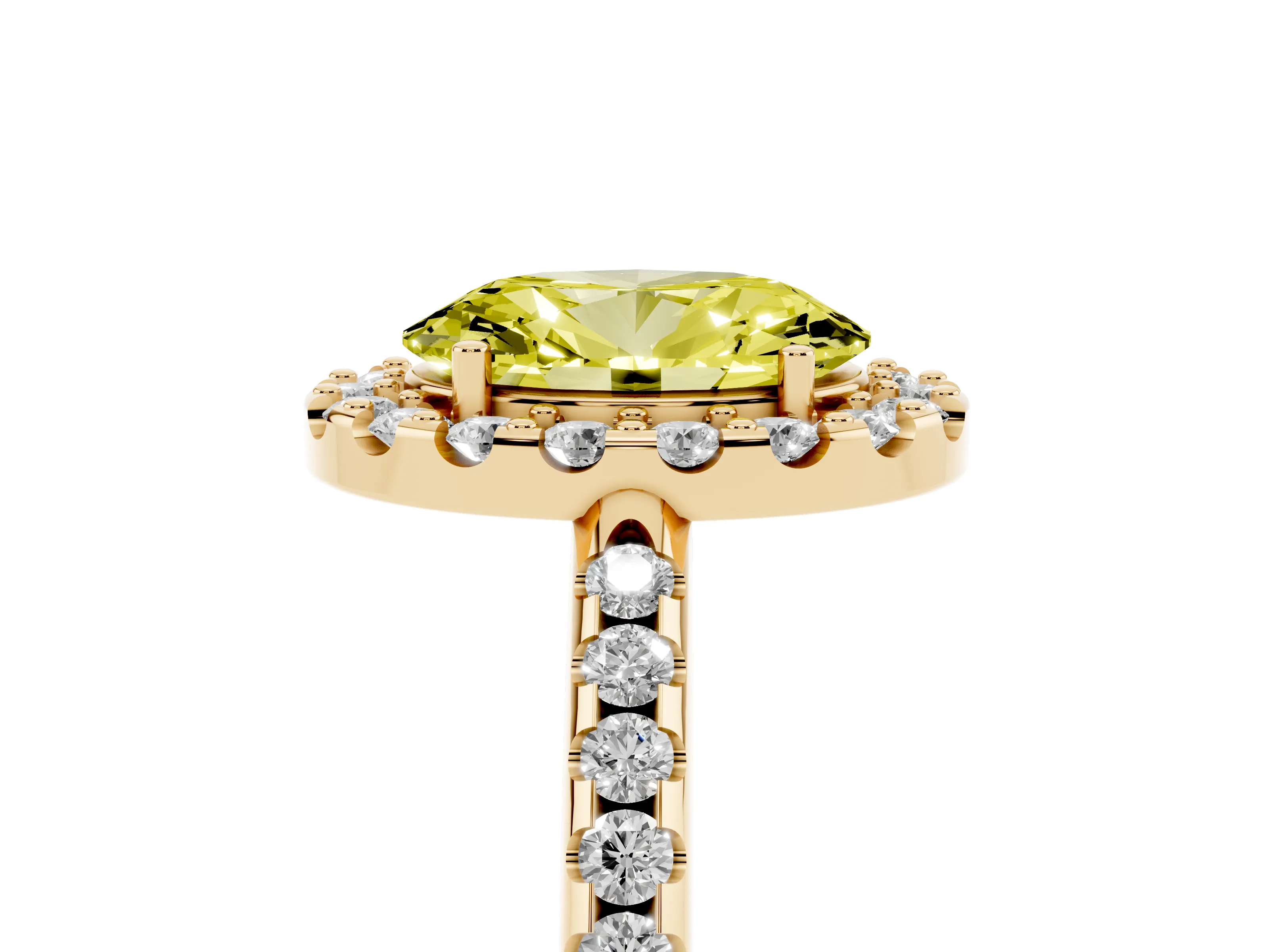 Fancy Yellow Oval Cut Diamond Pavé Halo Ring Set in Yellow gold with Prong Setting