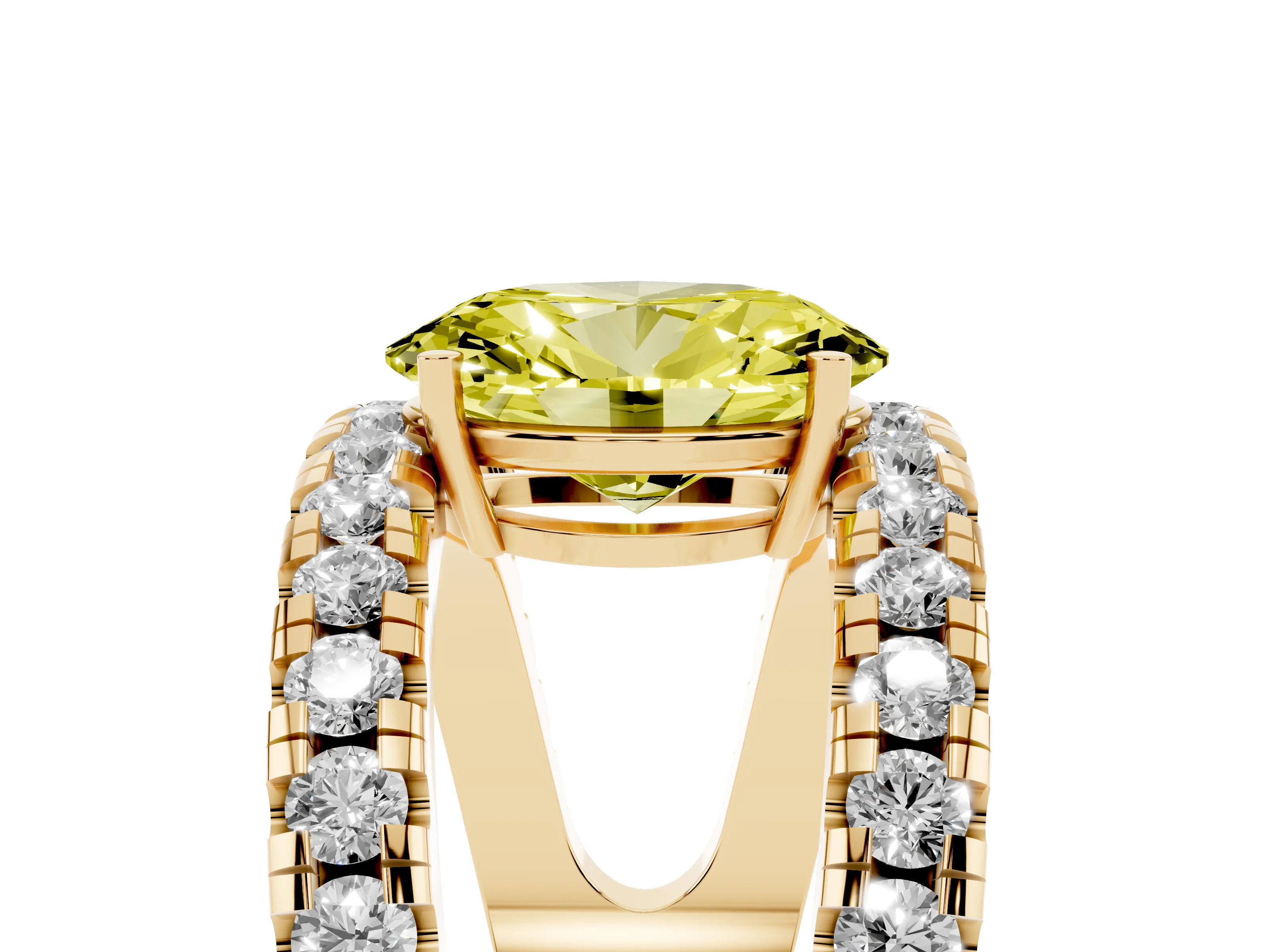 Fancy Yellow Oval Cut Diamond Split Shank Pavé Solitaire Ring Set in Yellow gold with Open Shank Design