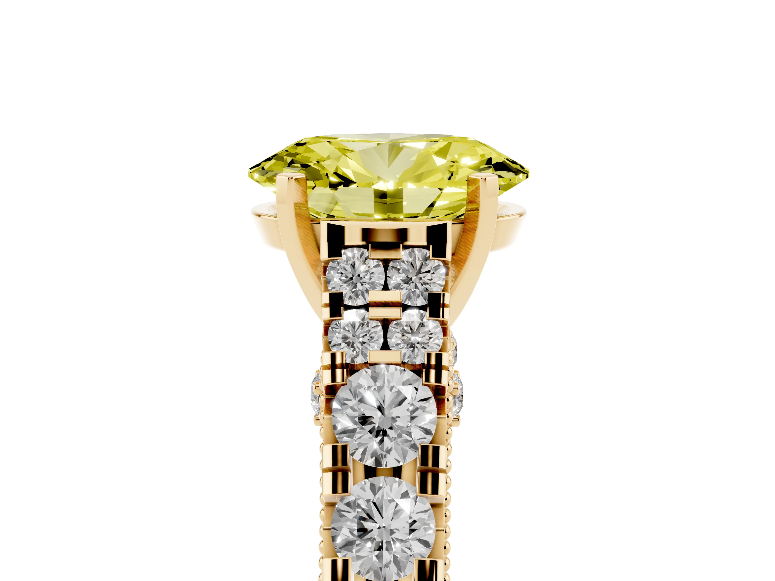 Fancy Yellow Oval Cut Diamond Classic Solitaire Ring Set in Yellow gold with Pavé Band and Prong Setting