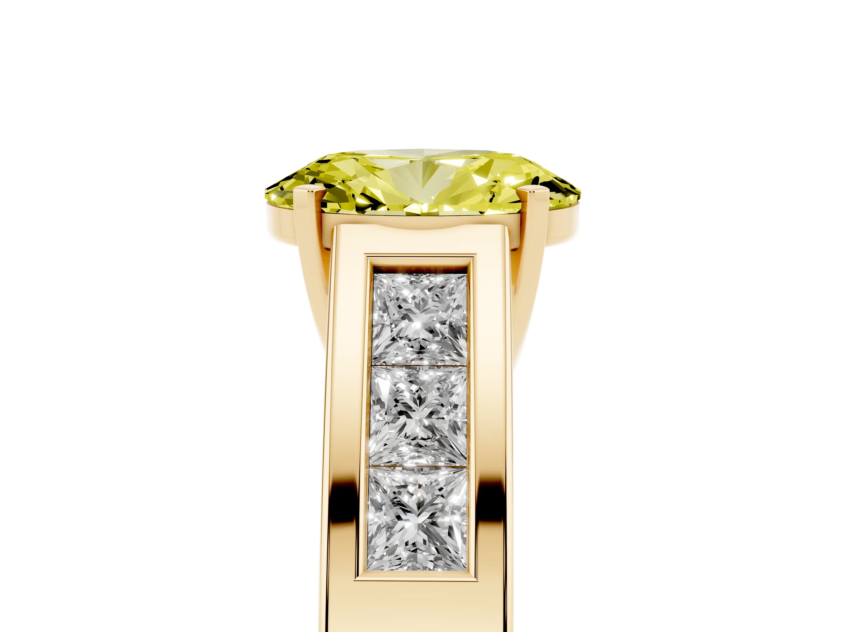 Fancy Yellow Oval Cut Diamond Solitaire Ring Set in Yellow gold with Channel-Set Accent Stones and Prong Setting