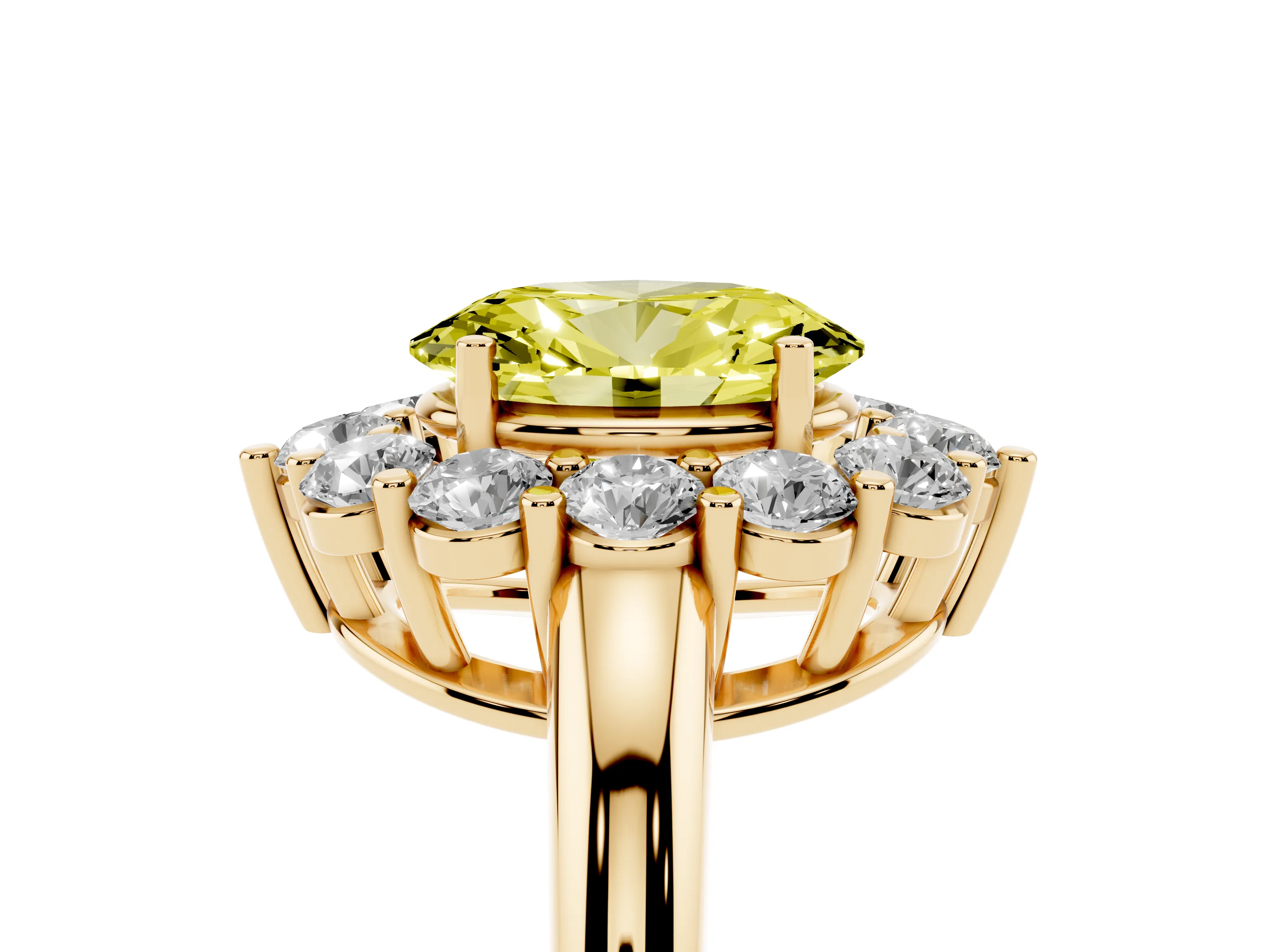Fancy Yellow Oval Cut Diamond Halo Cluster Engagement Ring Set in Yellow gold with Polished Band and Prong Setting