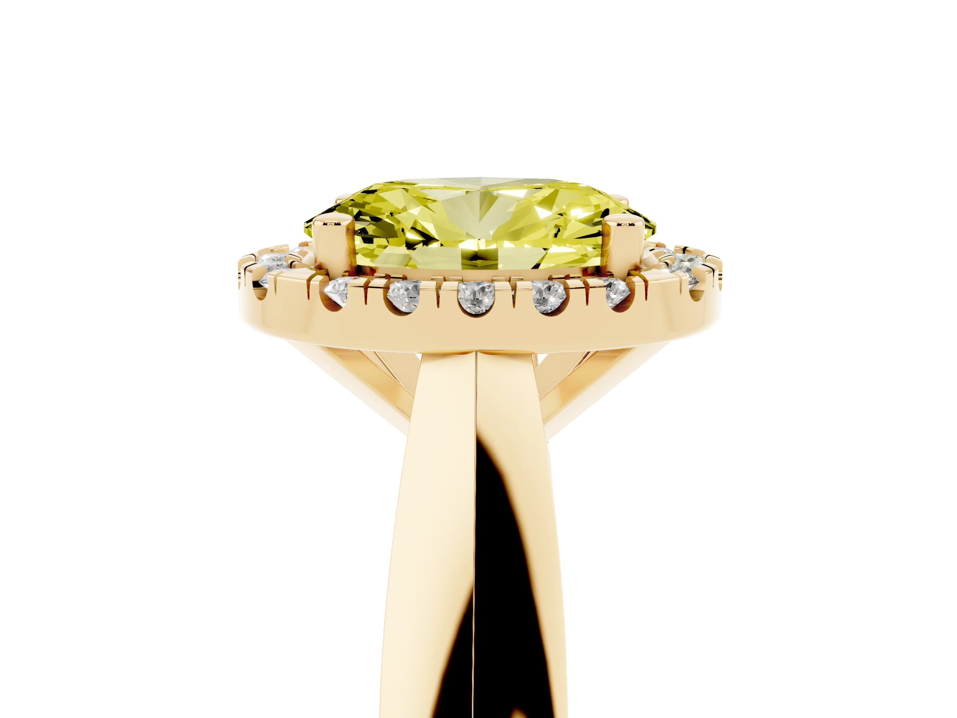 Fancy Yellow Oval Cut Diamond Halo Solitaire Engagement Ring Set in Yellow gold with Square Band and Prong Setting