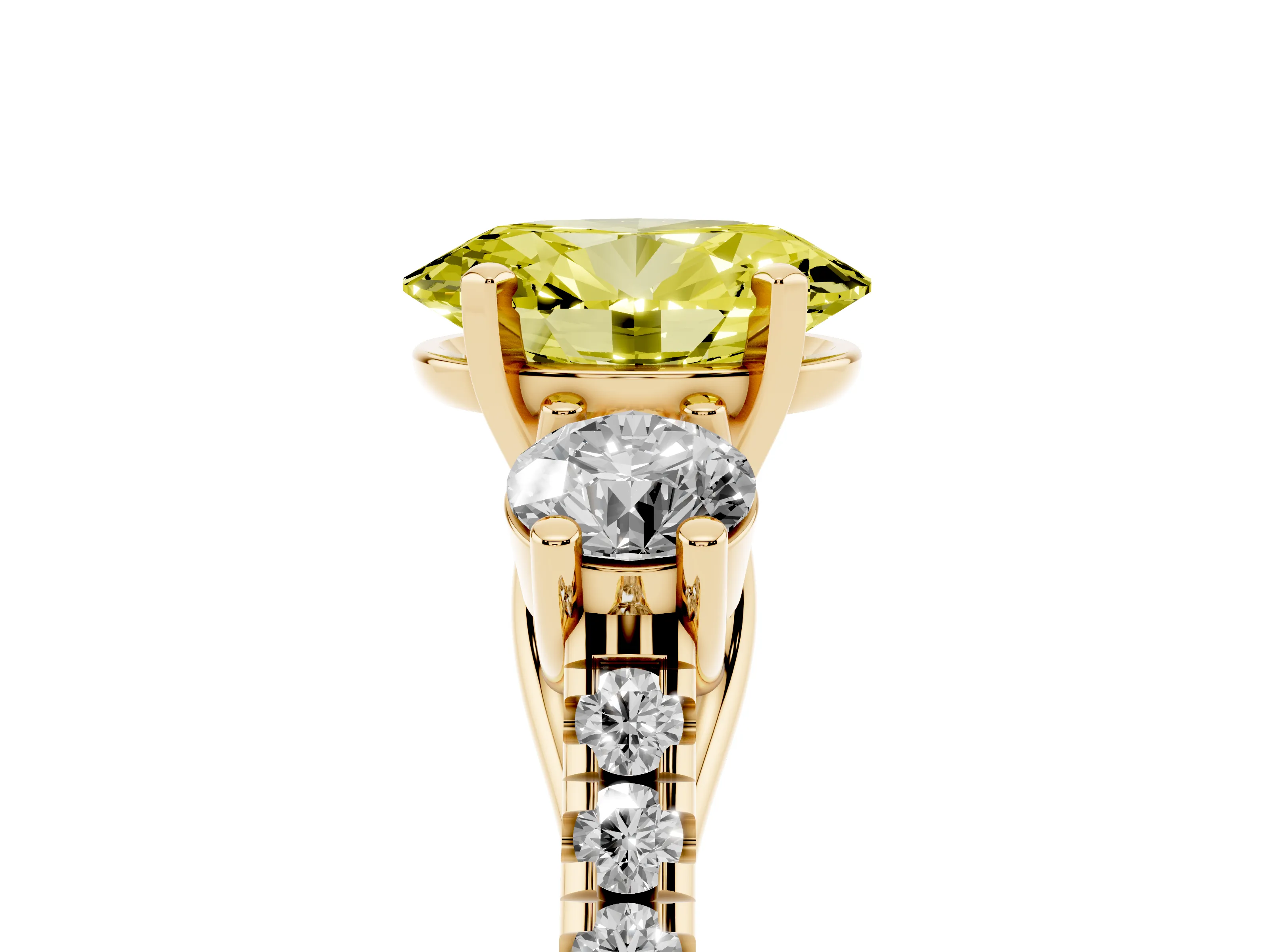 Fancy Yellow Three-Stone Oval Cut Diamond Pavé Band Ring Set in Yellow gold with Prong-Set Trio