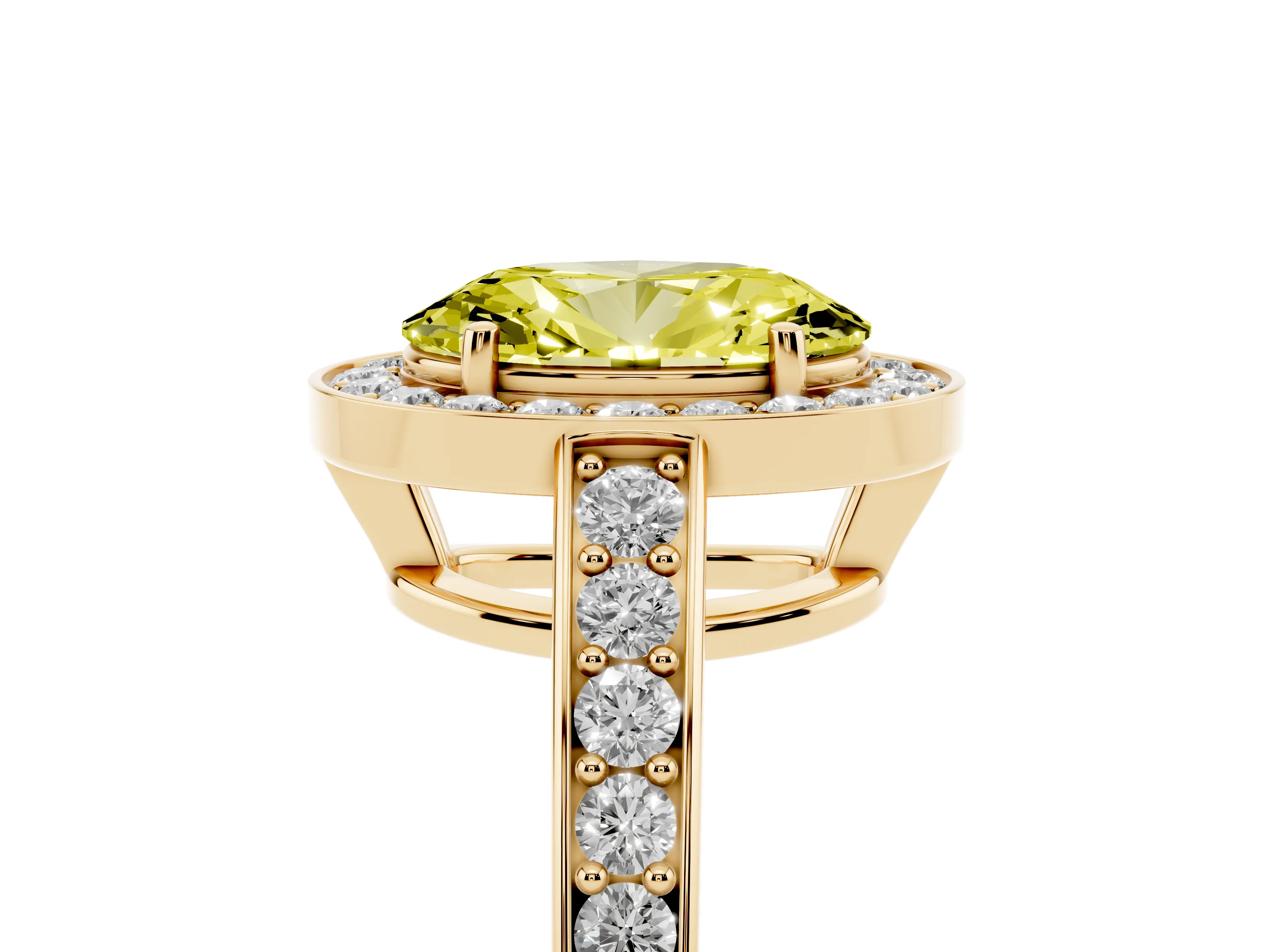 Fancy Yellow Oval Cut Diamond Halo Pavé Engagement Ring Set in Yellow gold with Bezel Setting