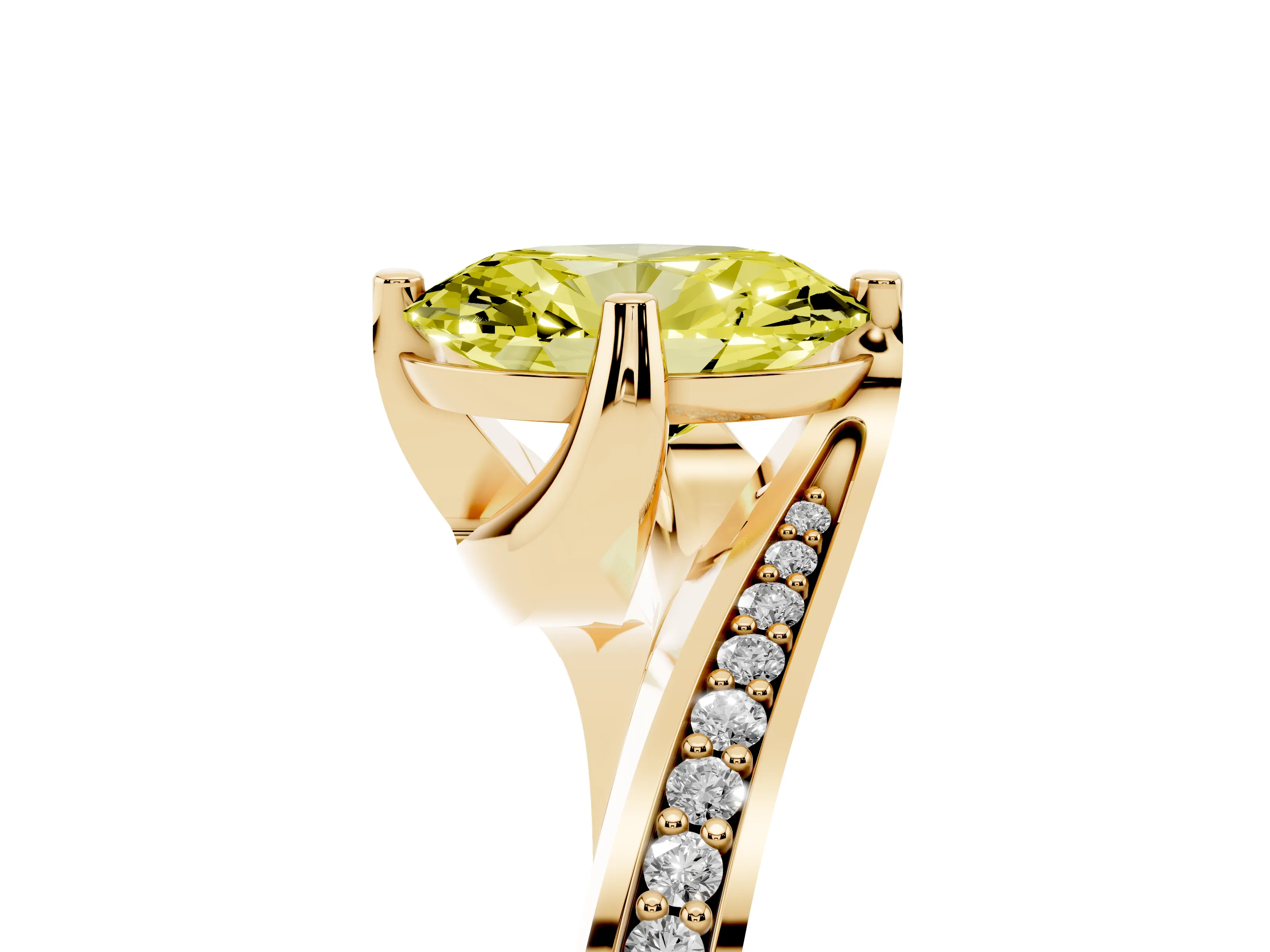 Fancy Yellow Oval Cut Diamond Solitaire Ring Set in Yellow gold with Intertwined Pavé Twist Band