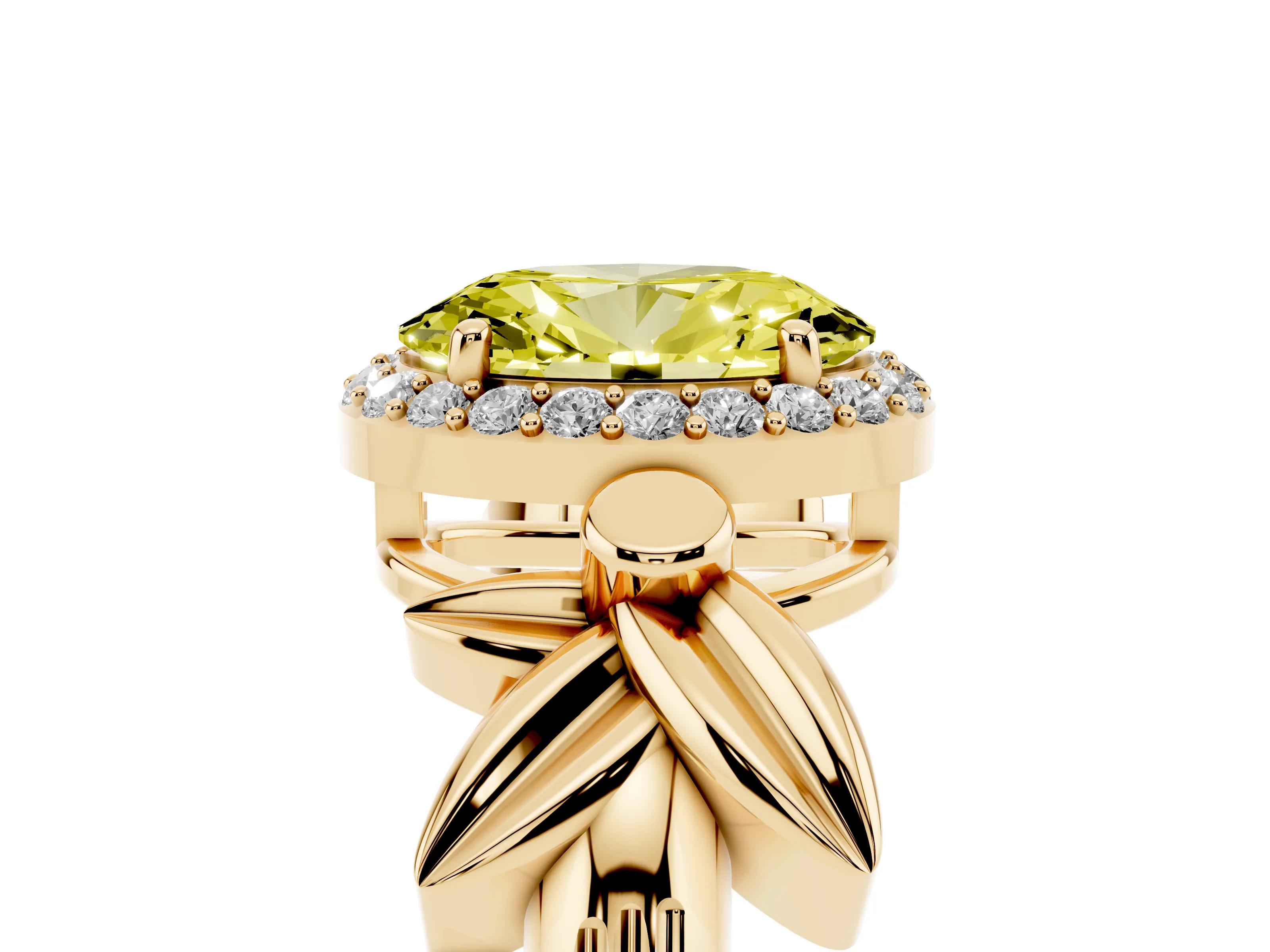 Fancy Yellow Oval Cut Diamond Halo Floral Band Ring Set in Yellow gold with Prong Setting