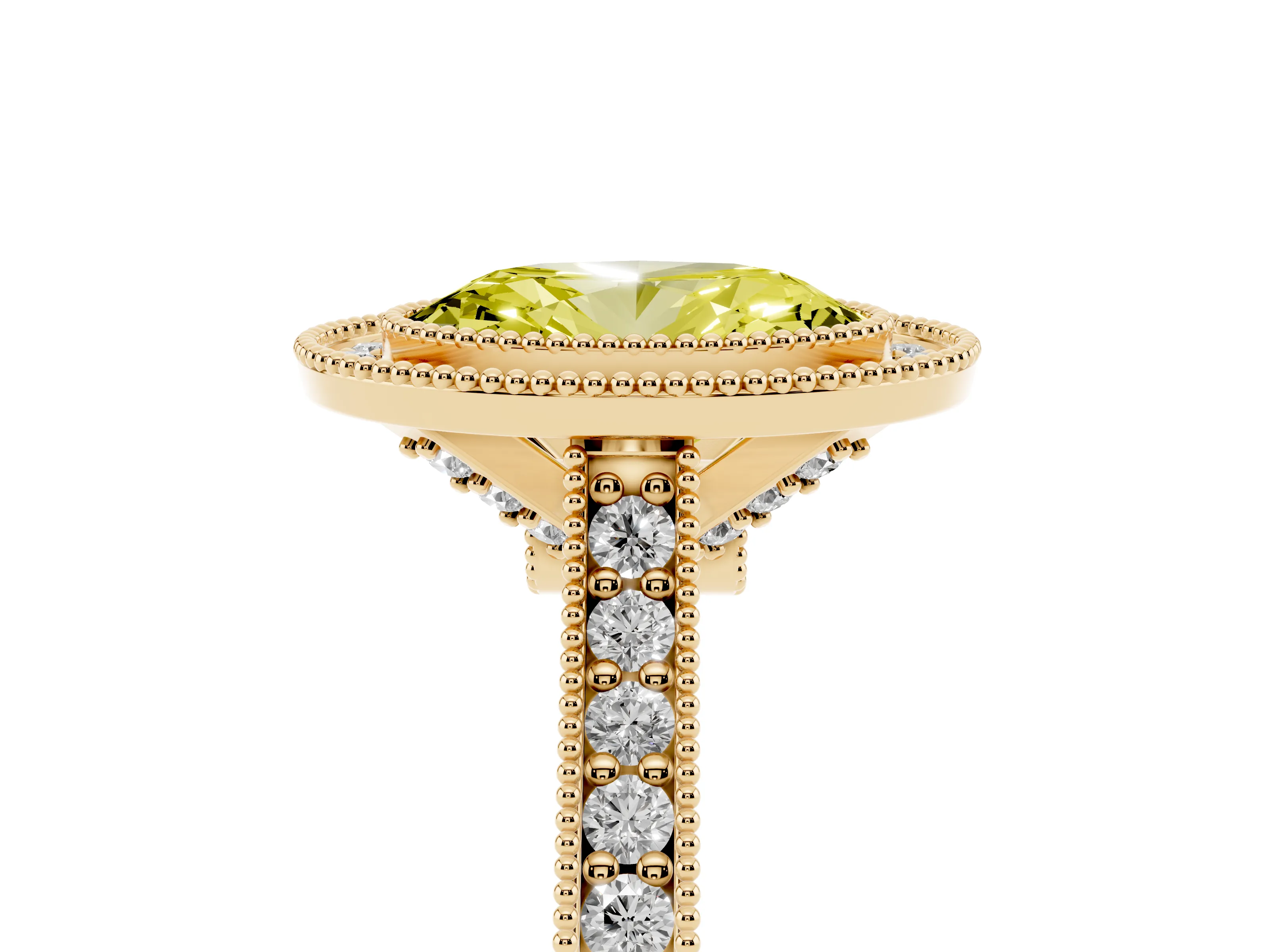 Fancy Yellow Oval Cut Diamond Halo Milgrain Pavé Band Ring Set in Yellow gold with Prong Setting