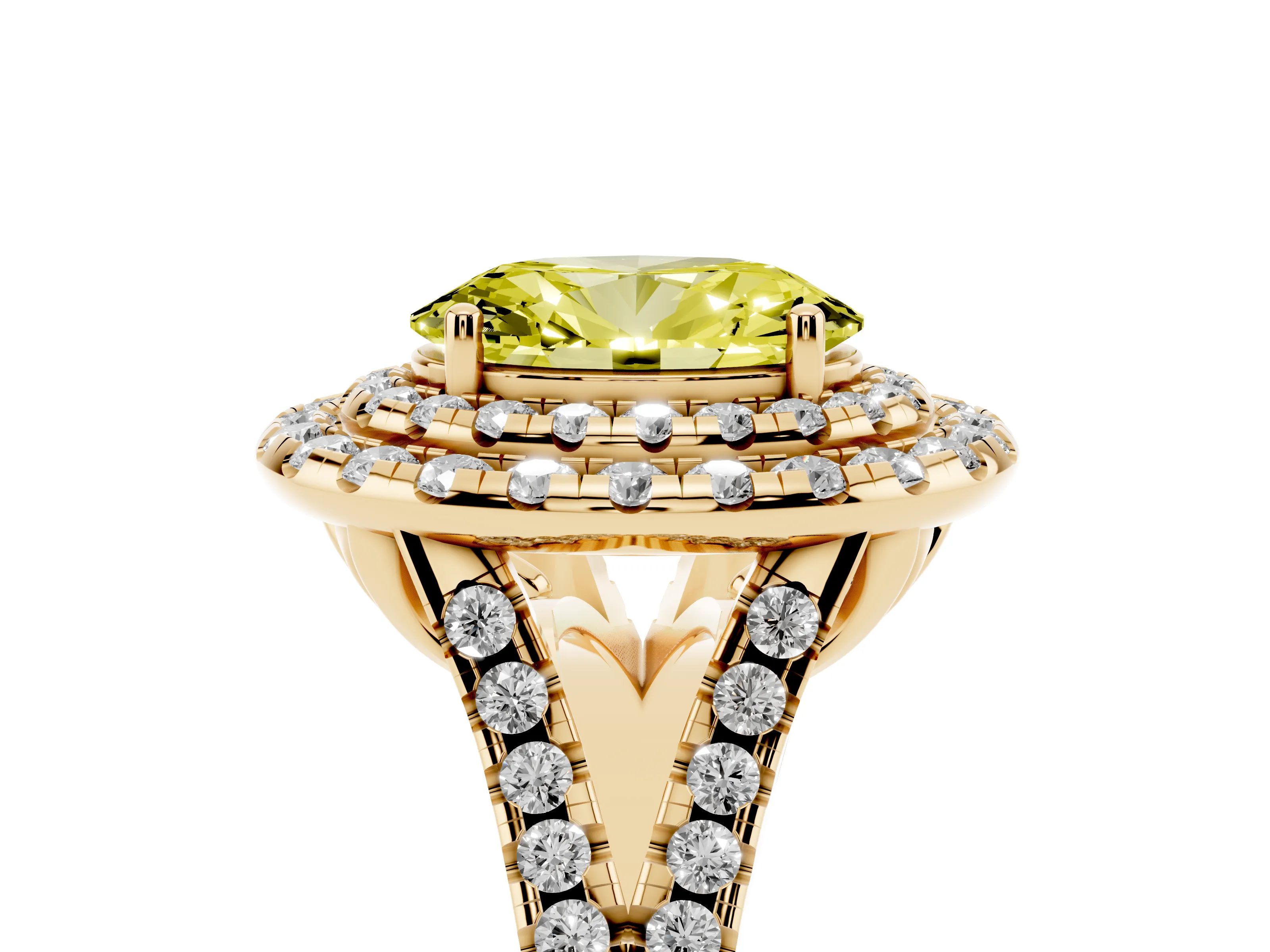 Fancy Yellow Oval Cut Diamond Double Halo Ring Set in Yellow gold with Pavé Split Shank and Prong Setting