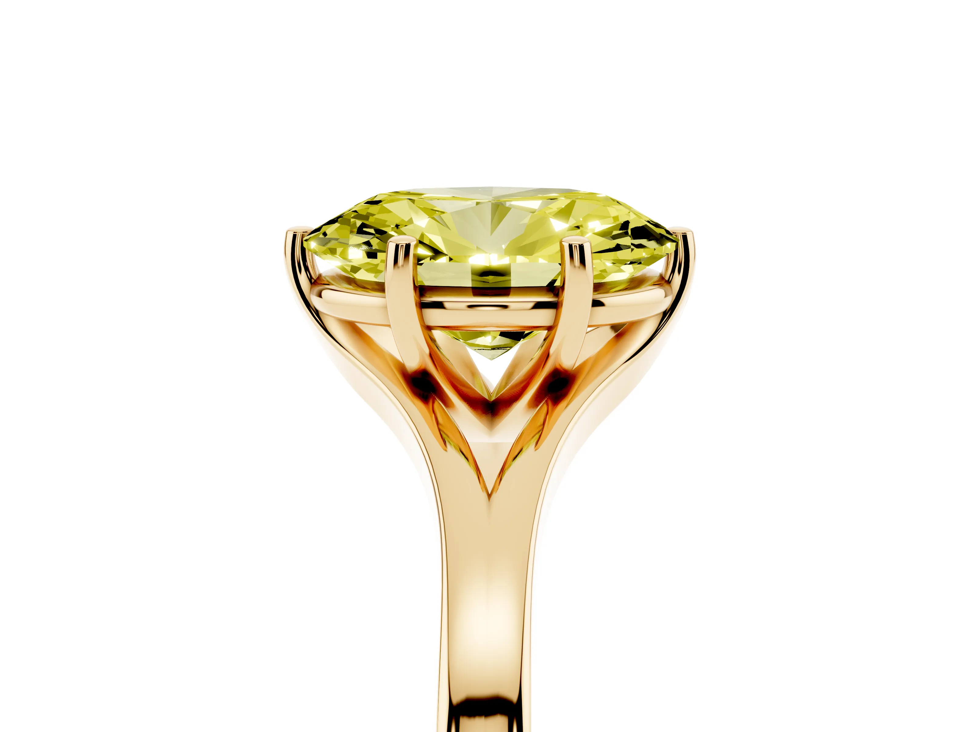 Fancy Yellow Oval Cut Diamond Solitaire Ring Set in Yellow gold with Polished Tapered Band and Prong Setting
