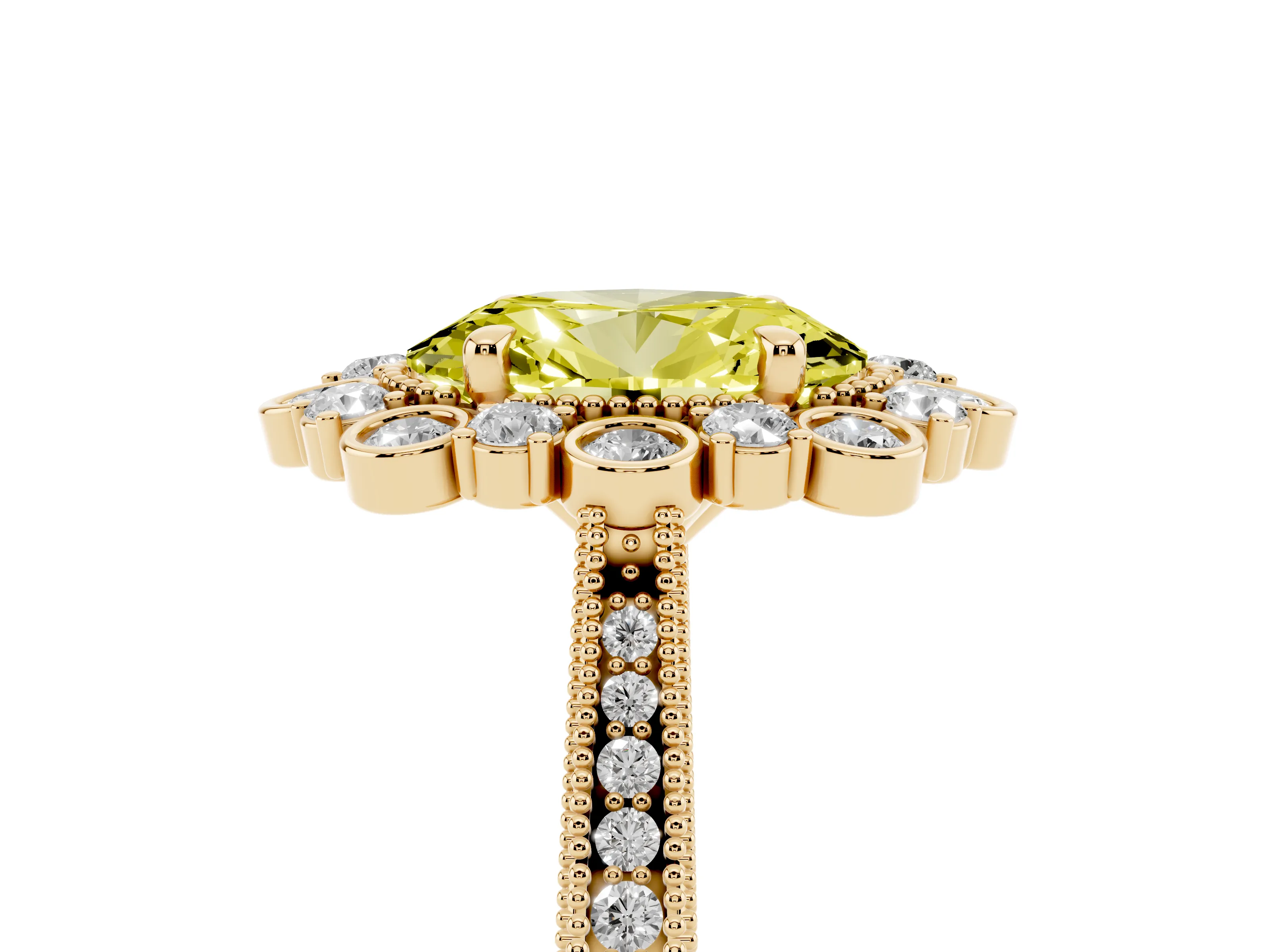Fancy Yellow Oval Cut Diamond Halo Milgrain Pavé Ring Set in Yellow gold with Prong Setting