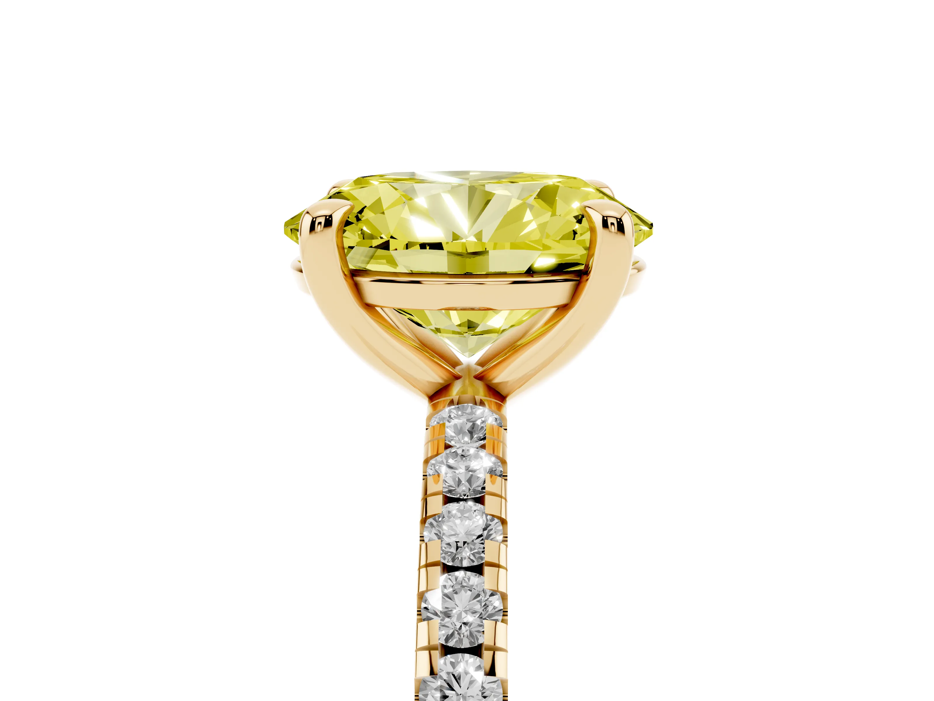Fancy Yellow Oval Cut Diamond Brilliant Solitaire Ring Set in Yellow gold with Pavé Band and Prong Setting