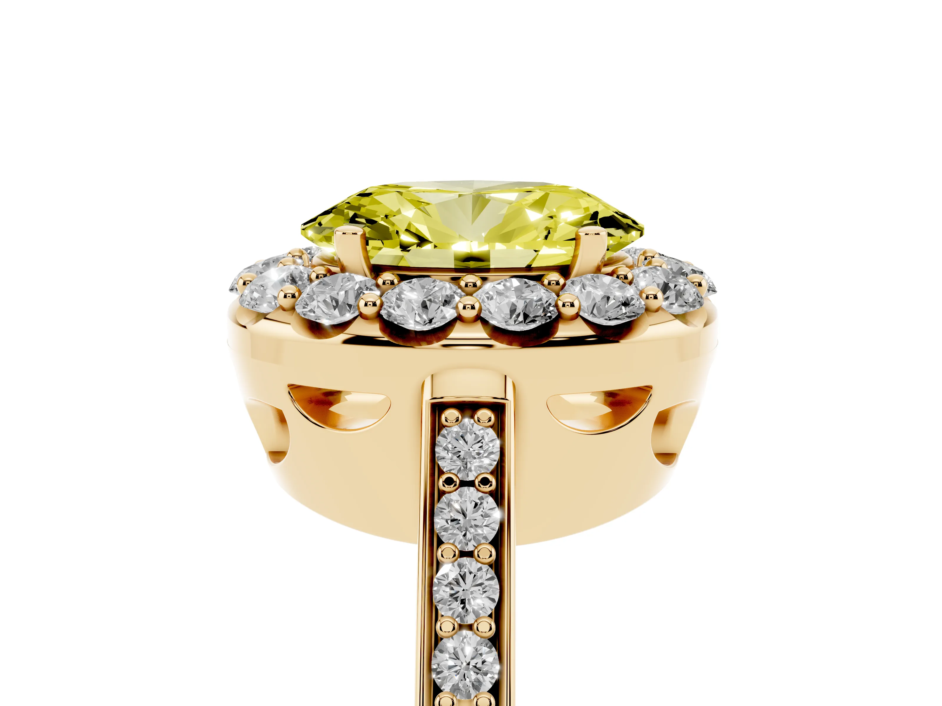 Fancy Yellow Oval Cut Diamond Floral Halo Ring Set in Yellow gold with Pavé Band and Prong Setting