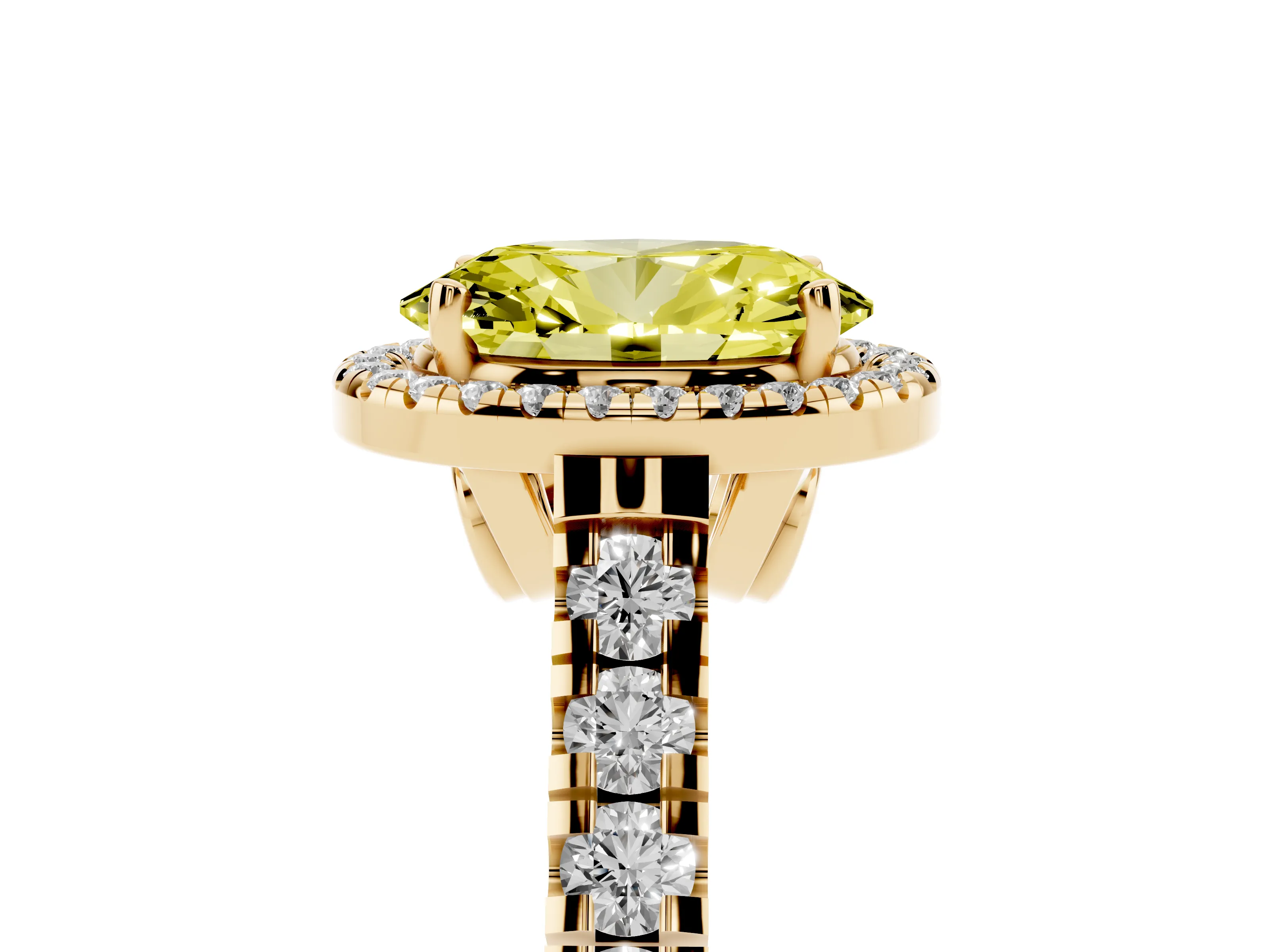 Fancy Yellow Oval Cut Diamond Halo Engagement Ring Set in Yellow gold with Pavé Band and Prong-Set Center