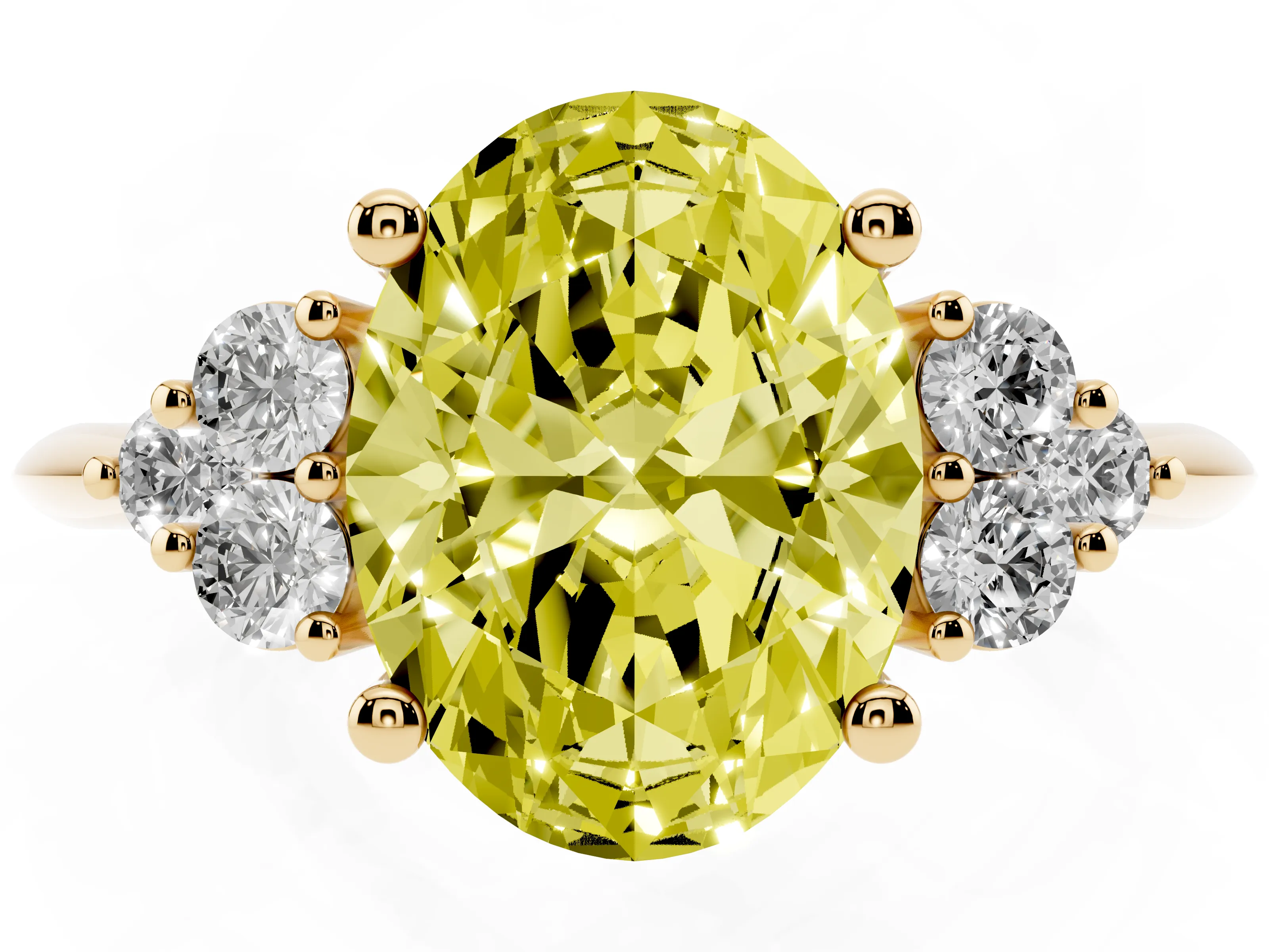 Fancy Yellow Oval Cut Diamond Cluster Ring Set in Yellow gold with Plain Band and Prong Setting